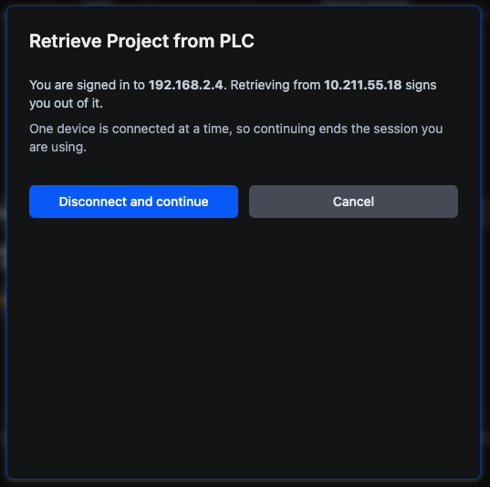 The dialog's confirmation step, reading "You are signed in to SLM-RP4. Retrieving from 192.168.2.4 signs you out of it." with a second line explaining that one device is connected at a time, and a "Disconnect and continue" button beside Cancel
