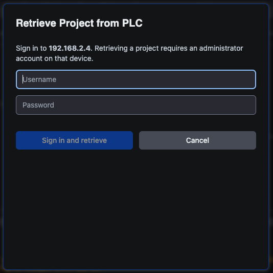 The dialog's sign-in step: "Sign in to 192.168.2.4. Retrieving a project requires an administrator account on that device." above Username and Password fields, with "Sign in and retrieve" and Cancel buttons