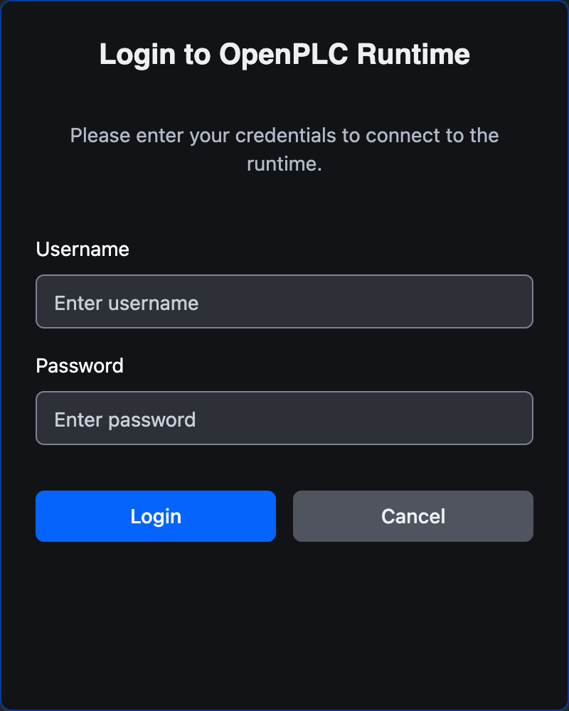 Login to OpenPLC Runtime dialog with Username and Password fields, and Login / Cancel buttons