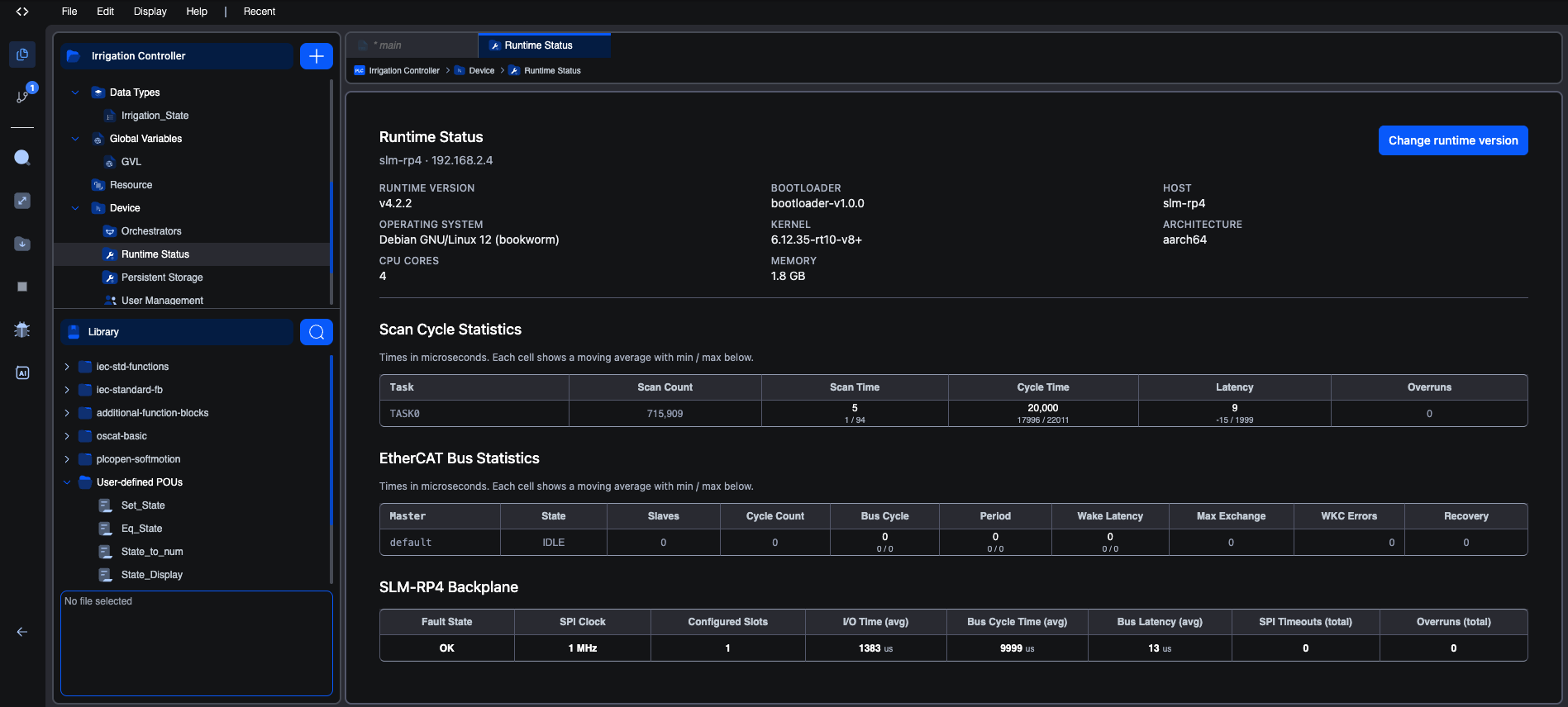 The Runtime Status screen. A header reading "Runtime Status" with the device name and address beneath it, a "Change runtime version" button at the top right, and a grid of fields: Runtime version v4.2.2, Bootloader bootloader-v1.0.0, Host slm-rp4, Operating system Debian GNU/Linux 12 (bookworm), Kernel 6.12.35-rt10-v8+, Architecture aarch64, CPU cores 4, Memory 1.8 GB. Below the header, tables for Scan Cycle Statistics, EtherCAT Bus Statistics and SLM-RP4 Backplane