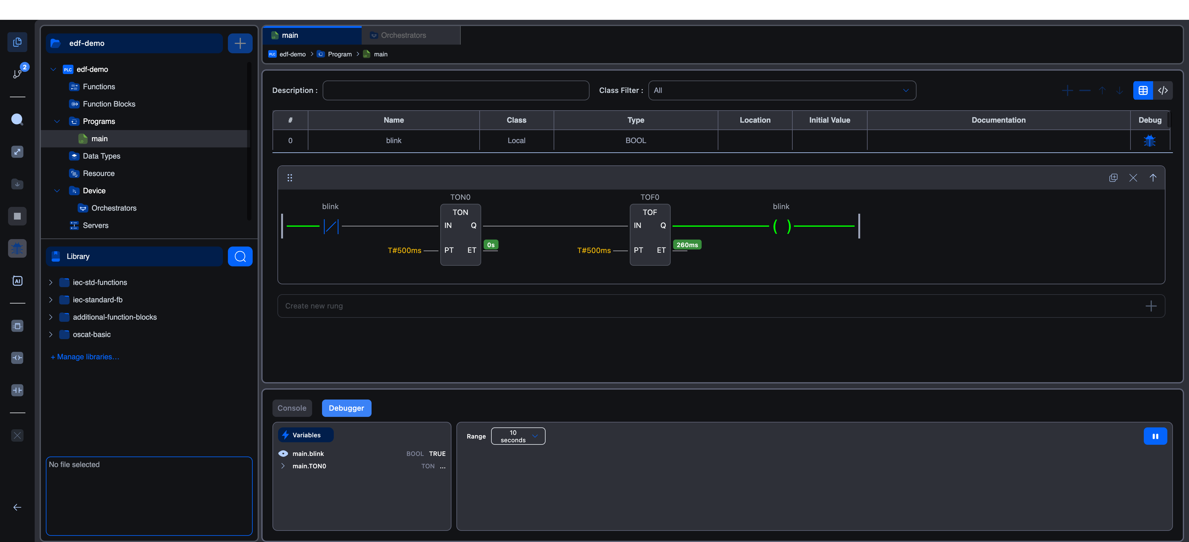 Simulator running the blink program: green wires show power flow, TON0 ET counts up, the debugger panel below shows main.blink toggling between TRUE and FALSE