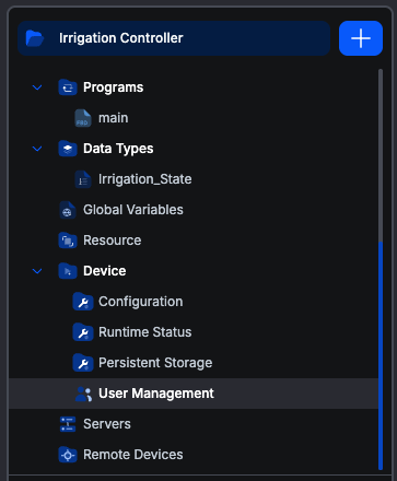 The project tree with the Device branch expanded, showing Configuration, Runtime Status, Persistent Storage and User Management beneath it