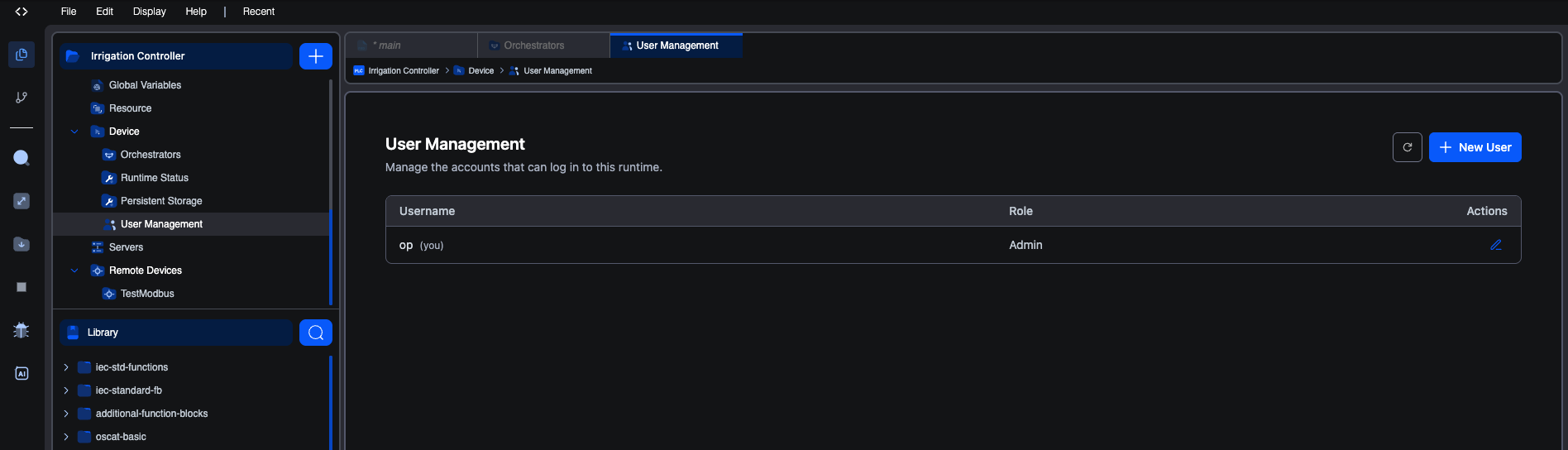 The User Management screen. A heading "User Management" with the line "Manage the accounts that can log in to this runtime", a refresh button and a blue "+ New User" button at the top right. Below, a table with Username, Role and Actions columns; one row reads "op (you)" with role Admin and a pencil icon in Actions