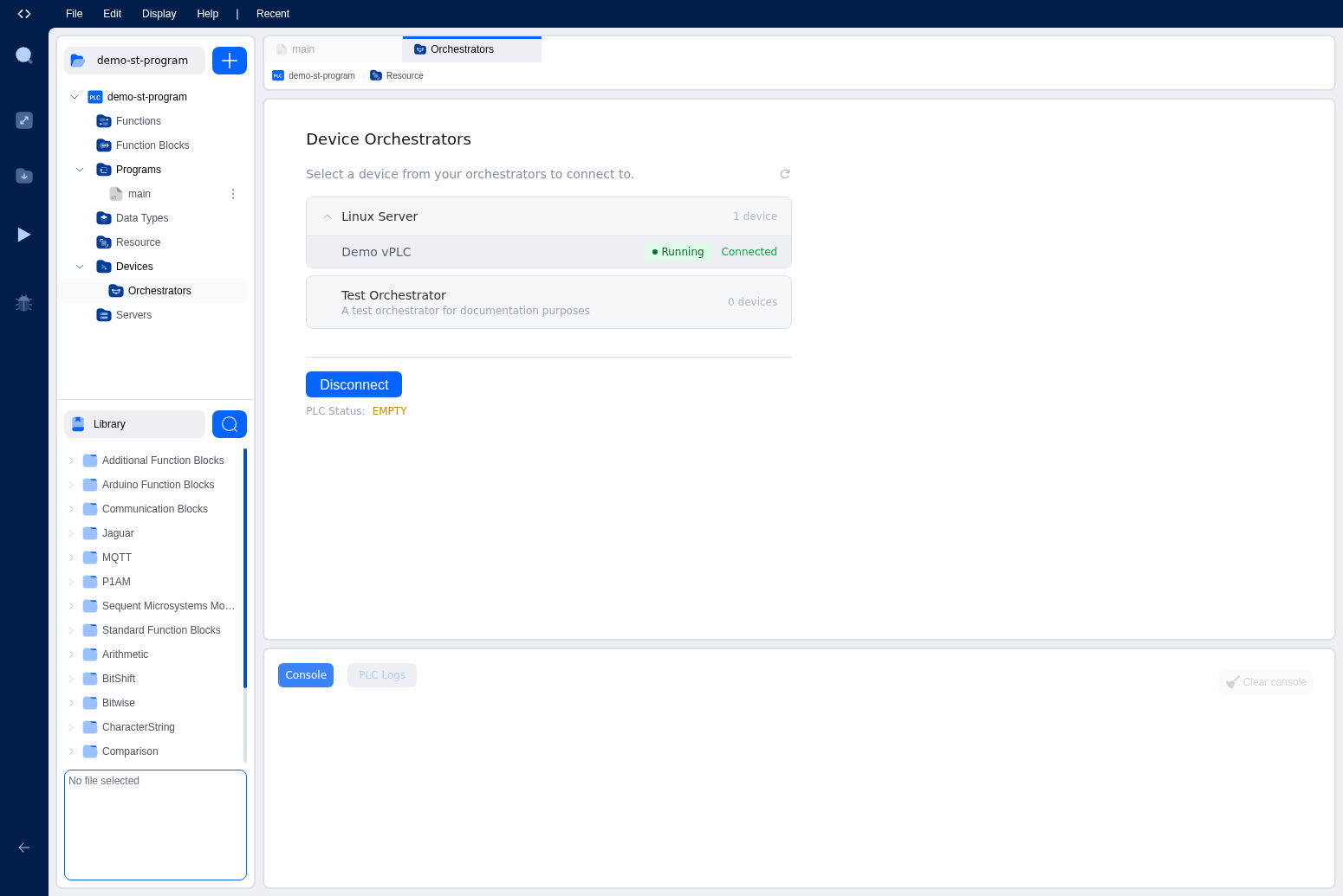 Orchestrators editor showing a vPLC with the Connected status badge