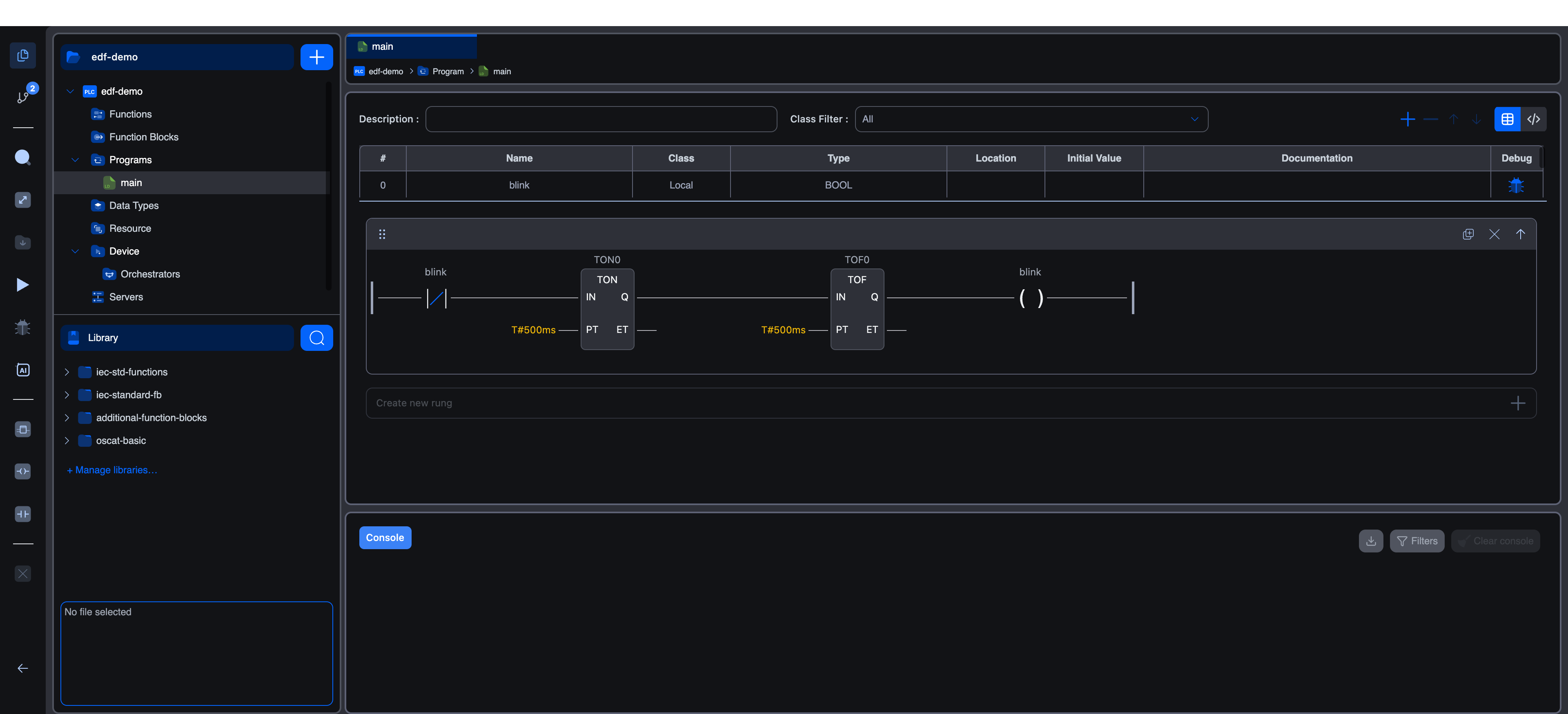 The editor open on a project, showing the menu bar at the top, the activity bar on the left, the side panel with the project tree and library, the central editor with a Ladder Diagram body and the variables table above it, and the console at the bottom