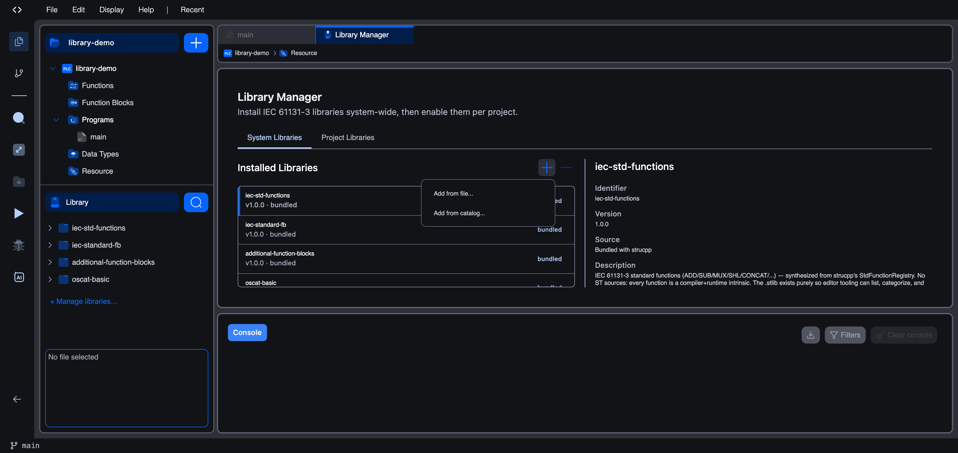 The System Libraries tab of the Library Manager. The Add (+) menu is open, offering "Add from file…" and "Add from catalog…"