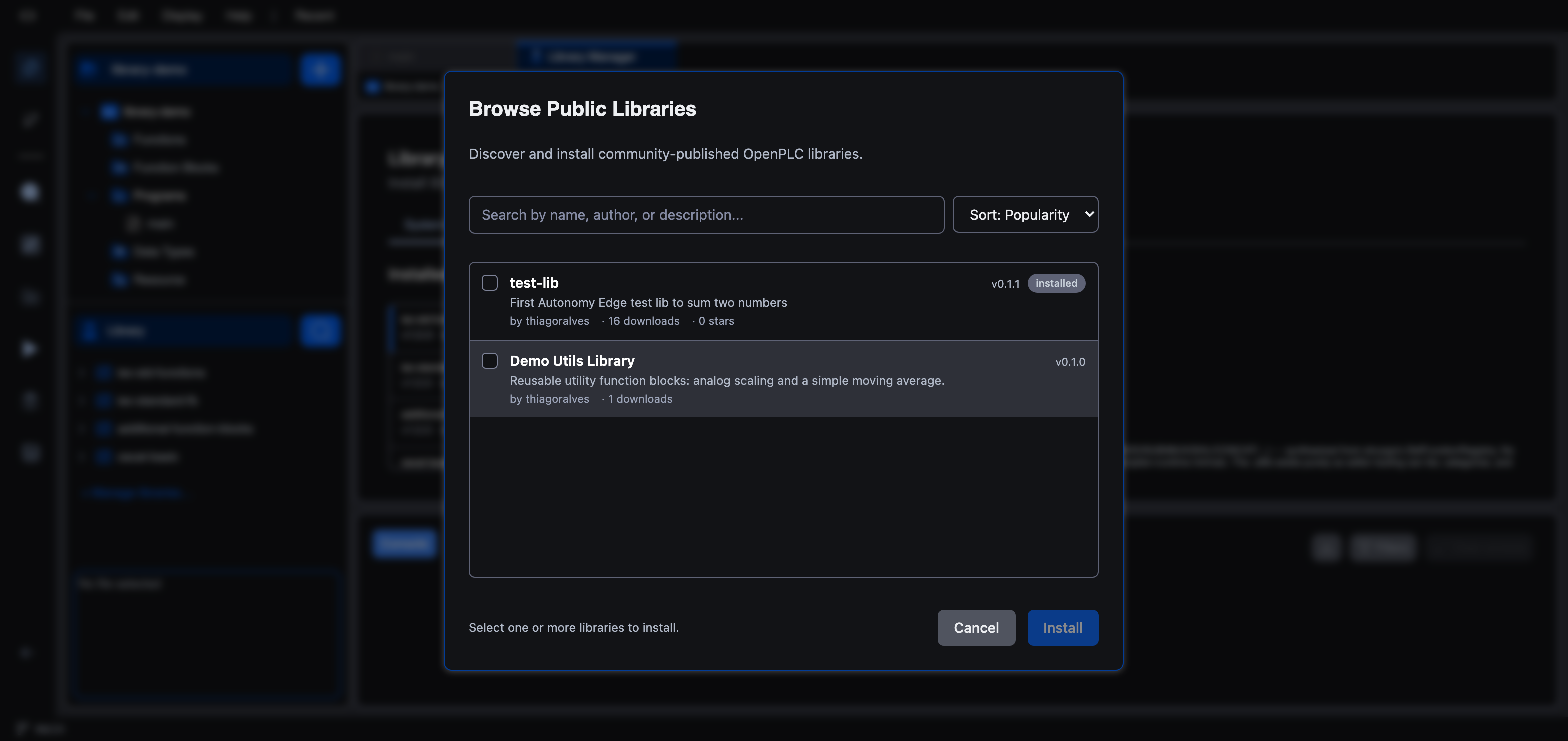 The Browse Public Libraries dialog listing test-lib (marked Installed) and Demo Utils Library, each with a checkbox, plus a search field and a sort control