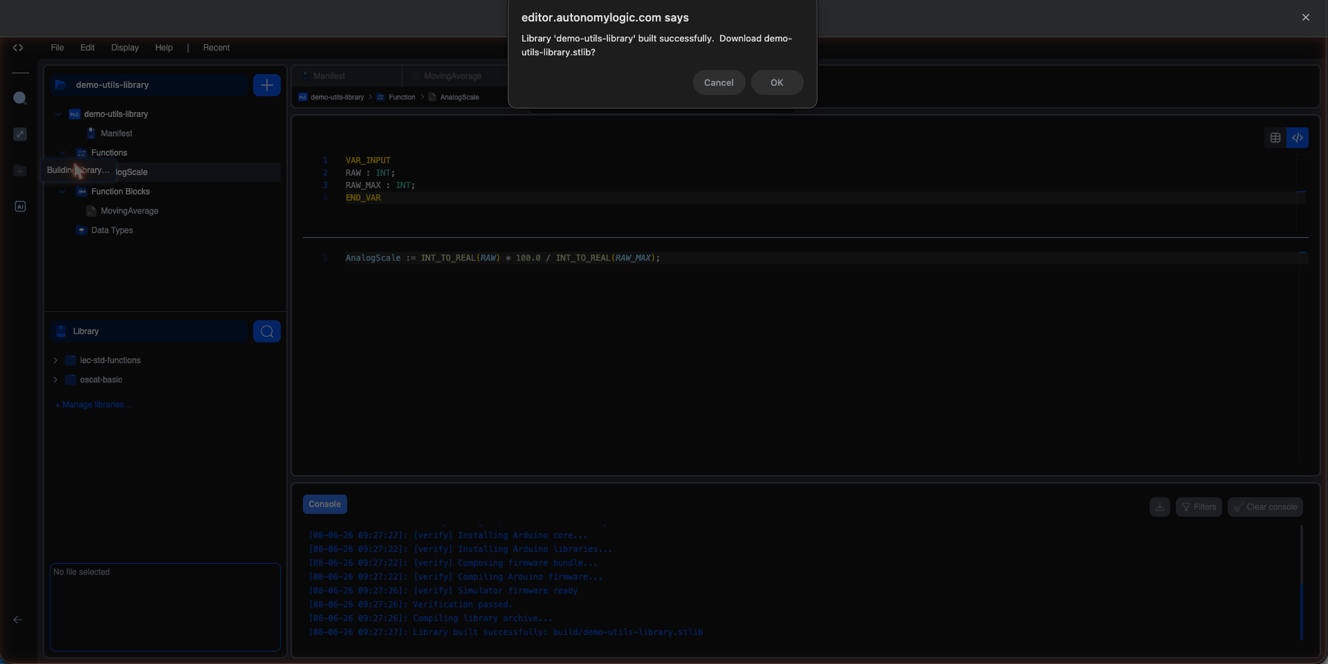 The editor showing a "Library built successfully" dialog offering to download demo-utils-library.stlib, with the build log visible in the Console below