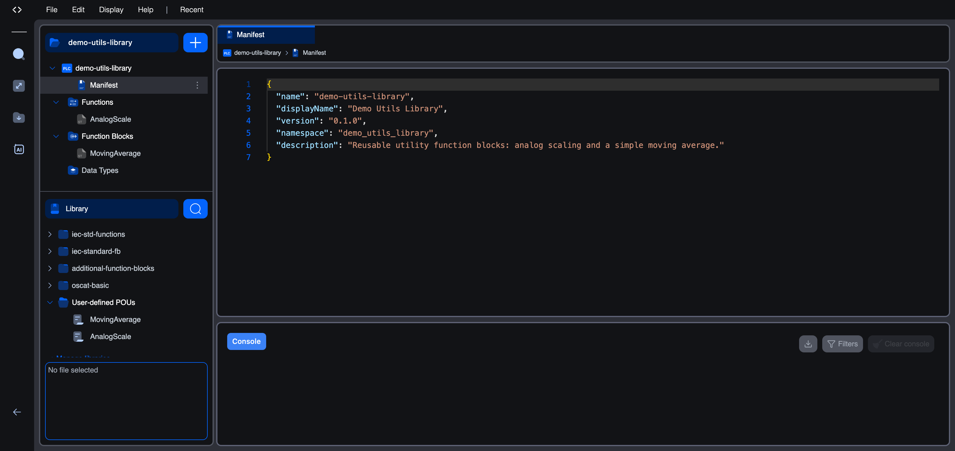 Library workspace in the editor. The project tree shows Manifest, Functions, Function Blocks and Data Types nodes. The Manifest tab is open, showing the library.json contents