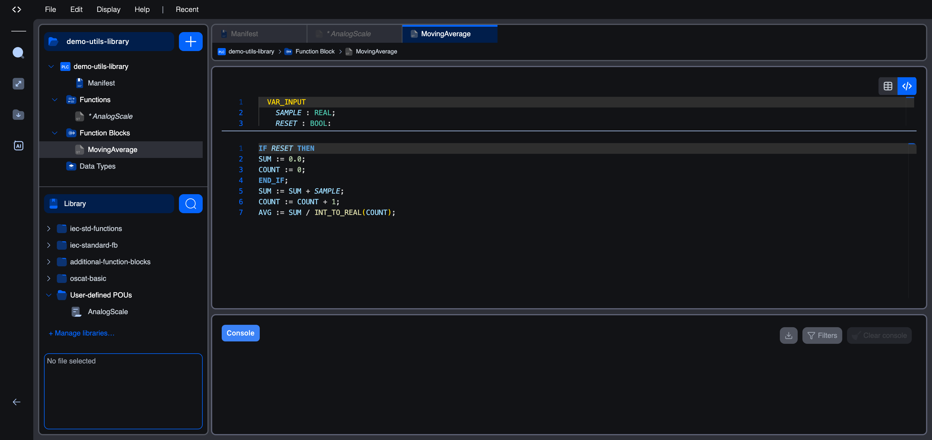 The MovingAverage function block open in the editor. The variables panel declares SAMPLE and RESET inputs, and the body accumulates SUM and COUNT and writes the result to AVG