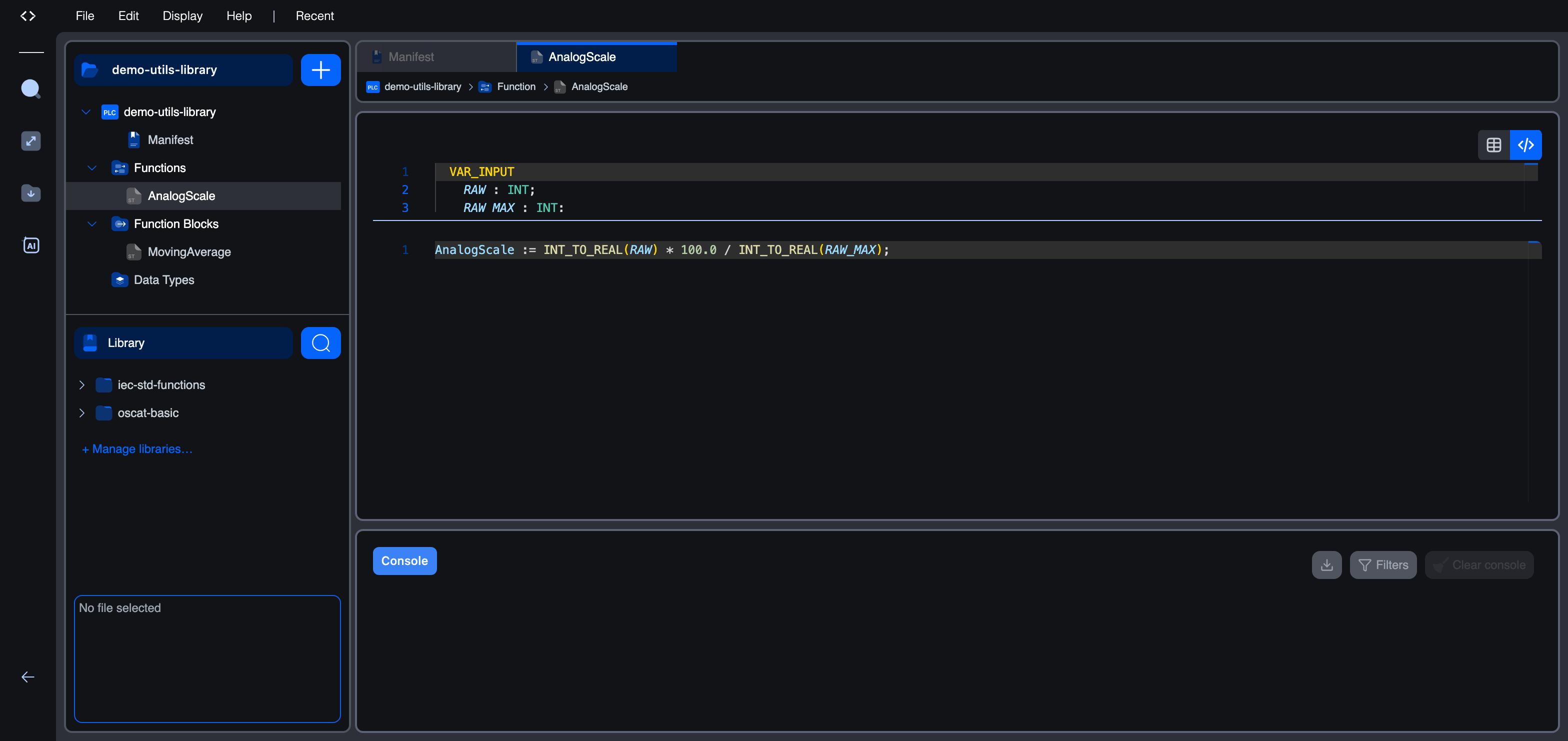 The AnalogScale function open in the editor. The Return type is REAL, the variables panel declares RAW and RAW_MAX inputs, and the body assigns the result to the function's own name