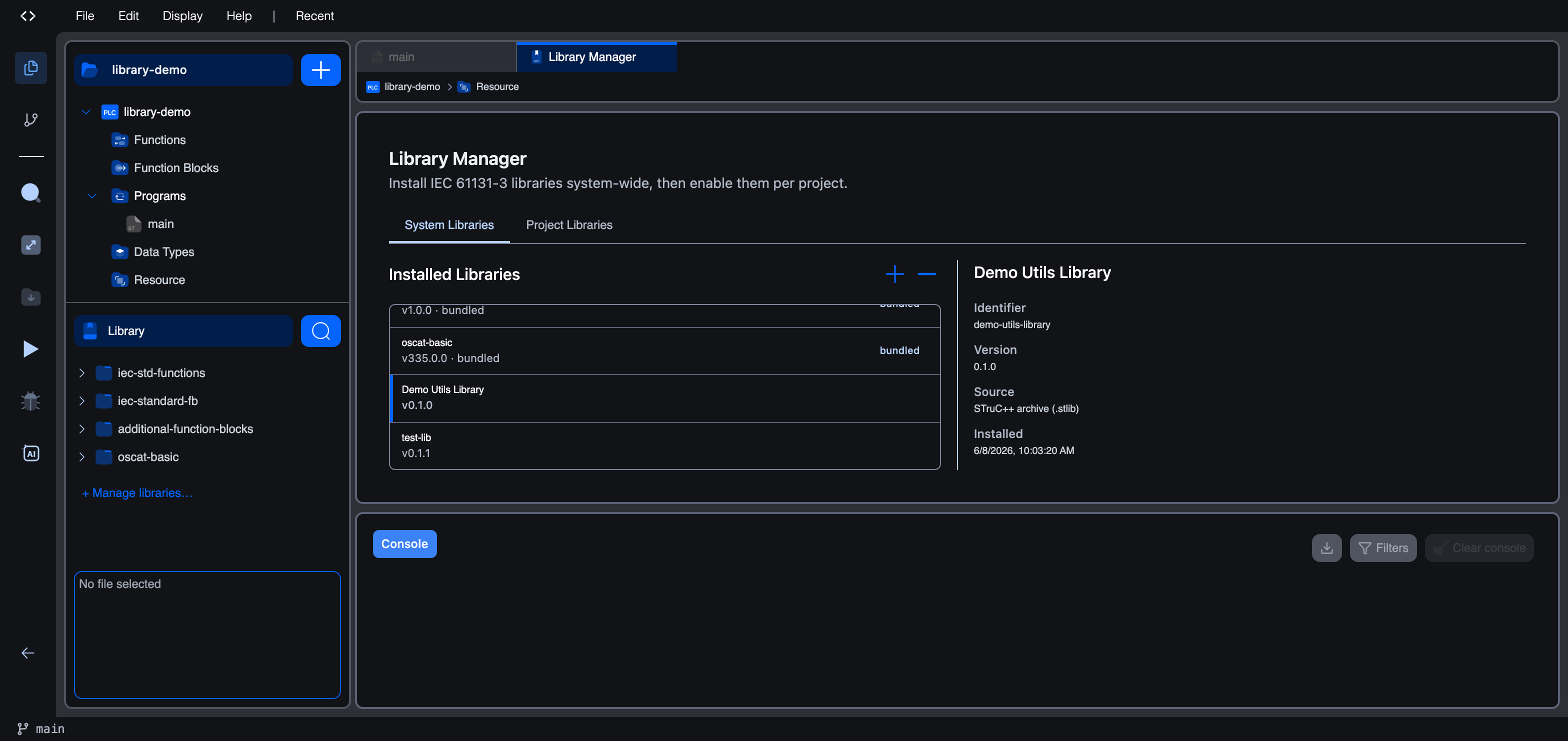 The System Libraries list now including Demo Utils Library, selected, with its details panel showing Identifier demo-utils-library, Version 0.1.0, Source "STruC++ archive (.stlib)" and the install date