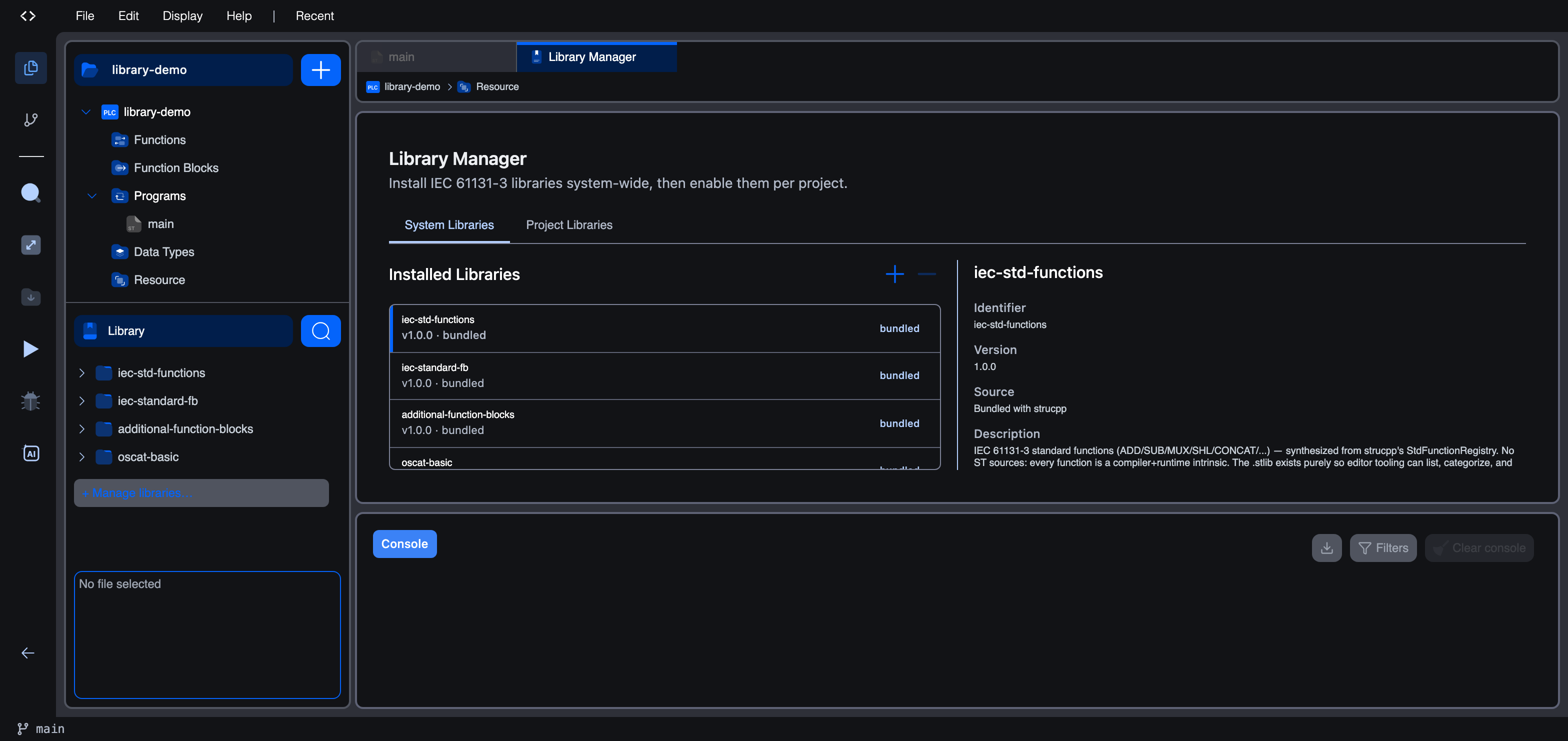 Library Manager open on the System Libraries tab. The installed-library list shows the four bundled libraries plus a user-installed one, with the iec-std-functions details on the right (Identifier, Version, Source, Description, Contents)