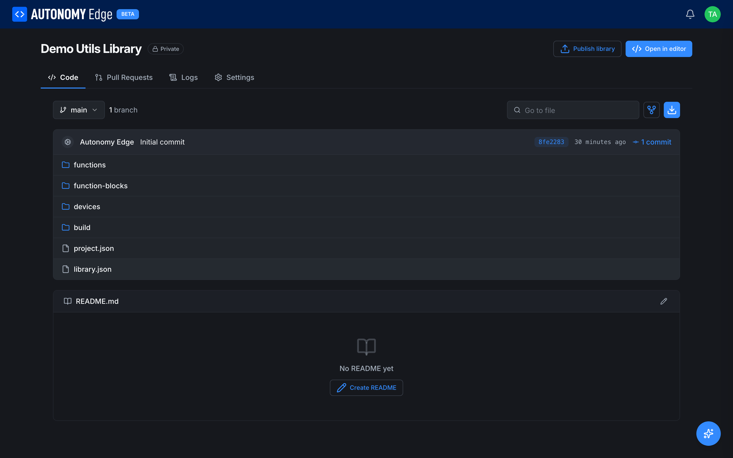 The Demo Utils Library project page. The file list includes functions, function-blocks, devices, build, project.json and library.json, and a "Publish library" button sits top-right next to "Open in editor"