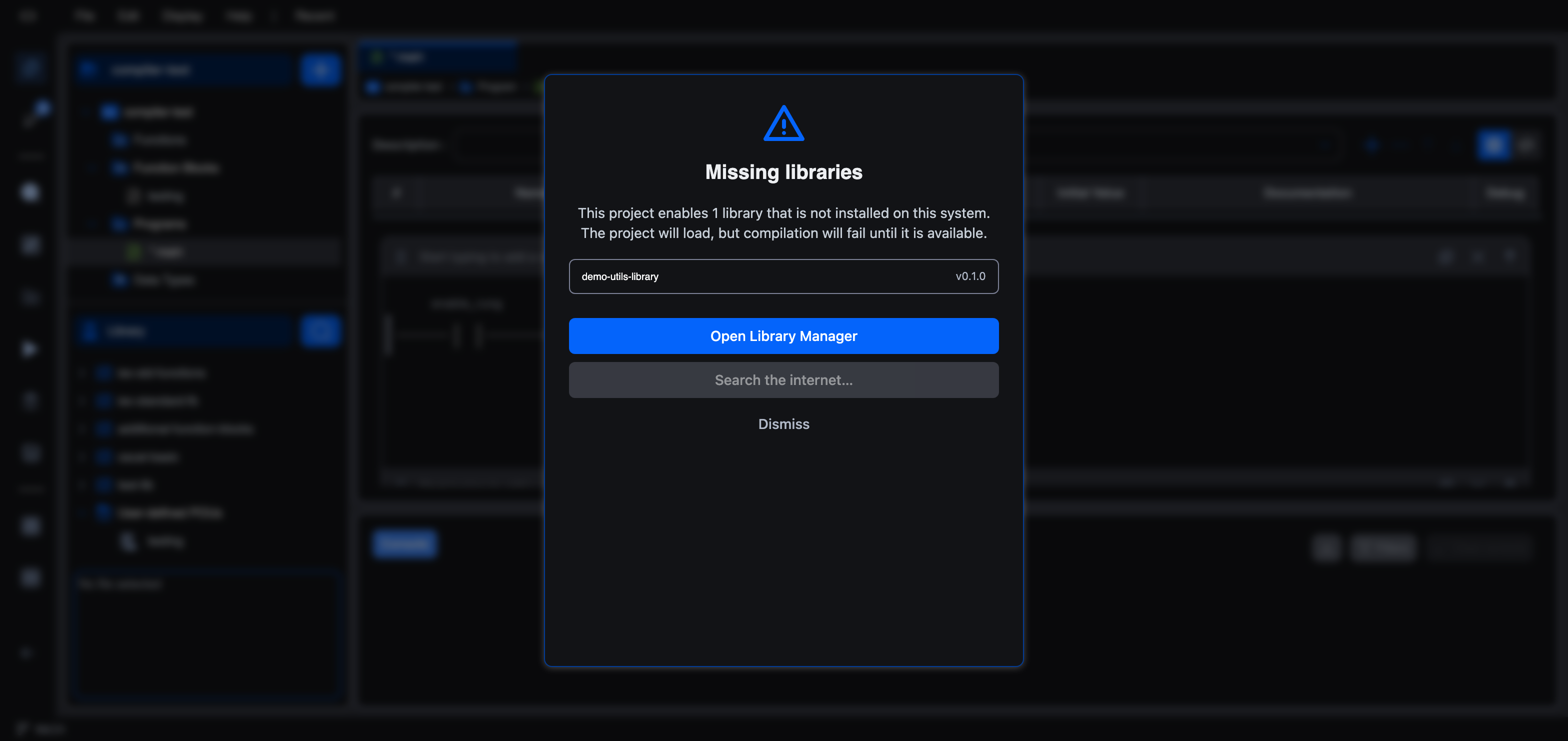 The "Missing libraries" dialog. It states the project enables demo-utils-library v0.1.0 which is not installed, and offers "Open Library Manager", "Search the internet…", and "Dismiss"