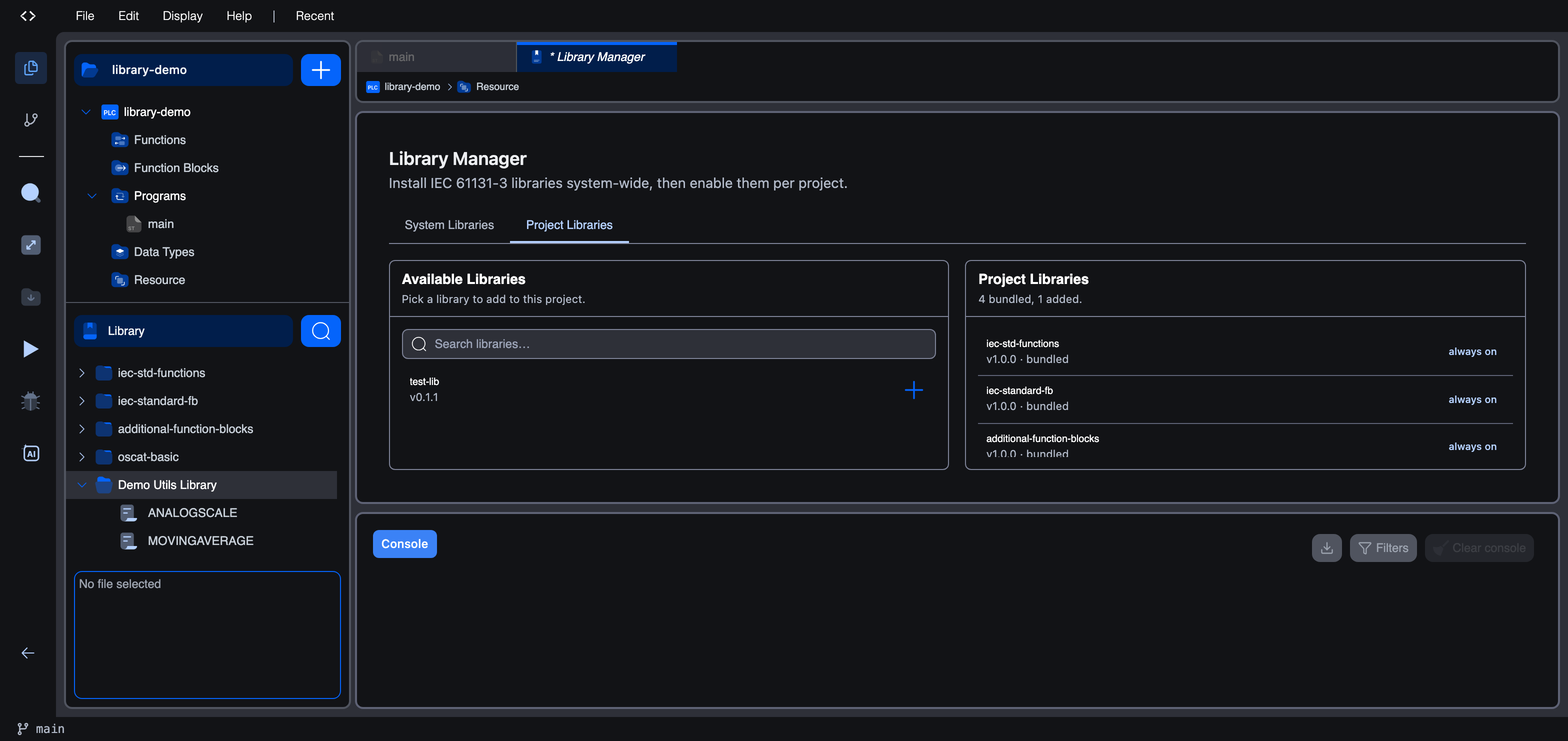 The Project Libraries tab. The Available Libraries list on the left offers libraries from the pool, while the Project Libraries list on the right shows what is enabled, with bundled libraries marked "always on"