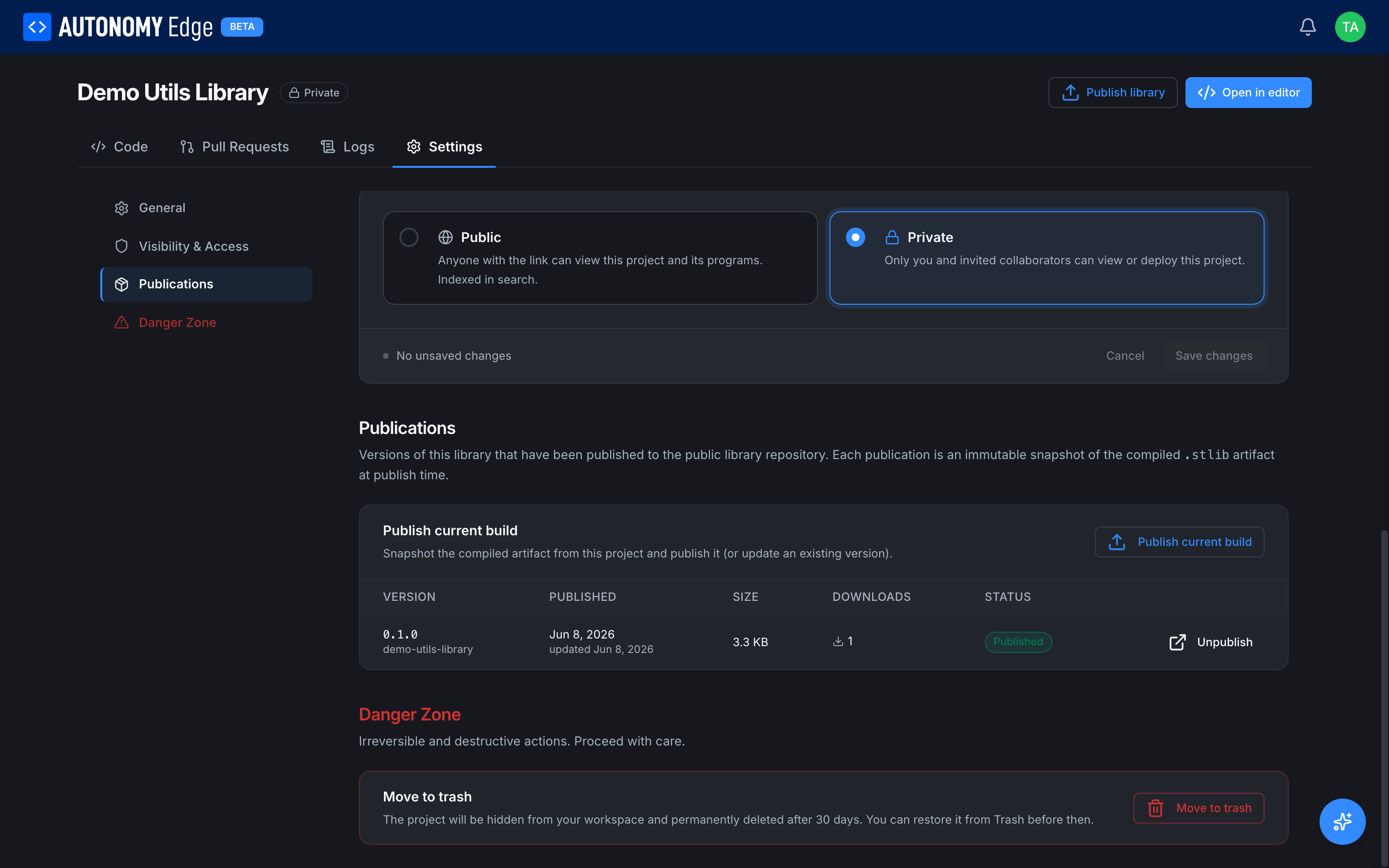 The Publications panel in project Settings. It lists version 0.1.0 of demo-utils-library with its published date, size, download count and a Published status, plus a "Publish current build" button and an Unpublish action