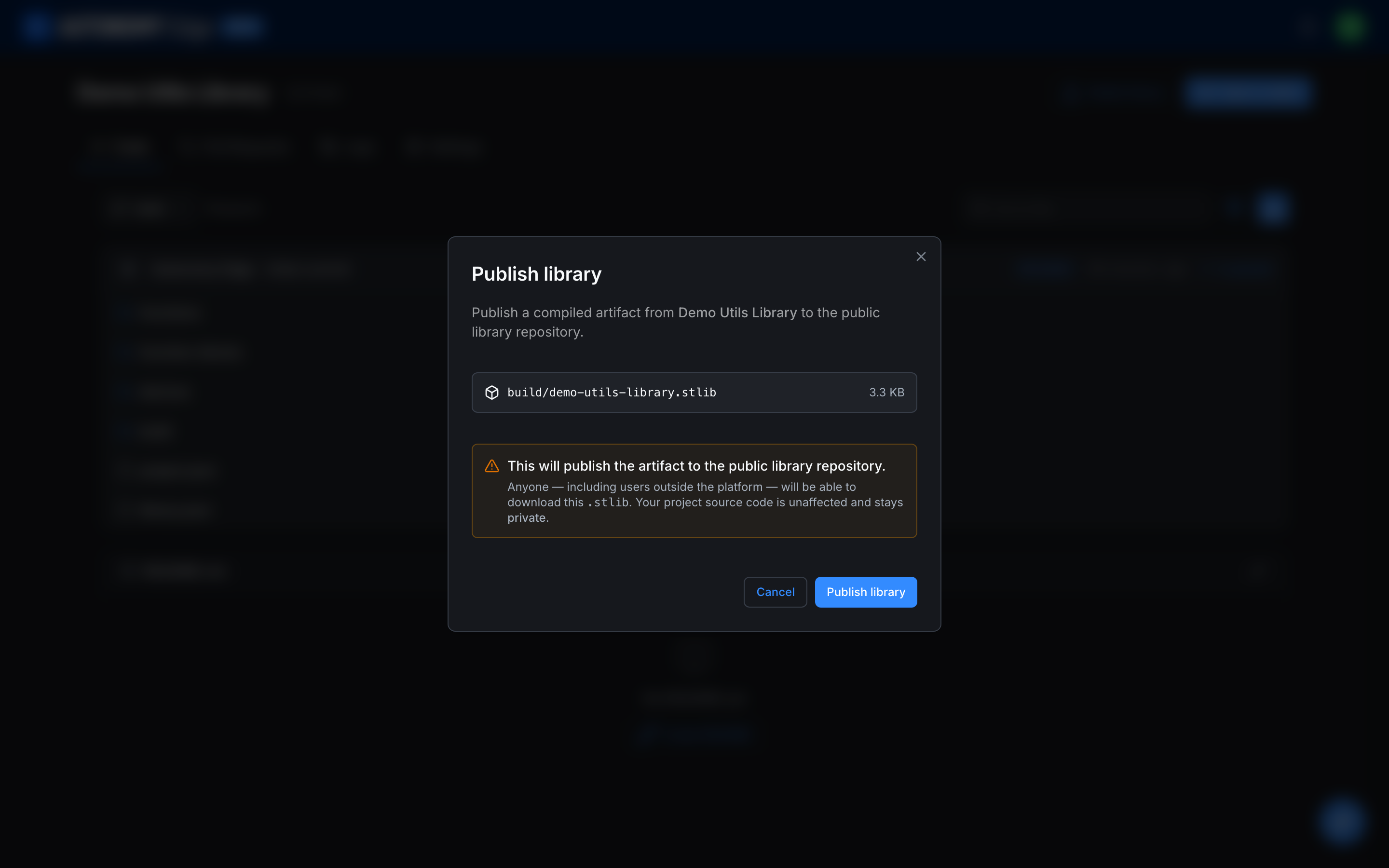 The Publish library dialog. It shows the artifact build/demo-utils-library.stlib at 3.3 KB and warns that anyone, including users outside the platform, will be able to download the .stlib, while the project source stays private
