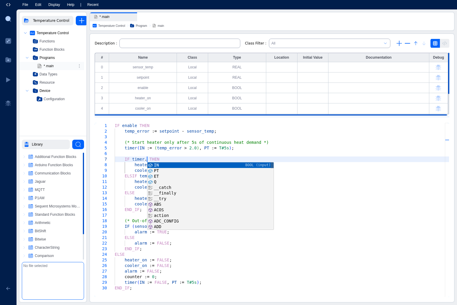 IntelliSense showing TON timer members: IN, PT, ET, Q with their types