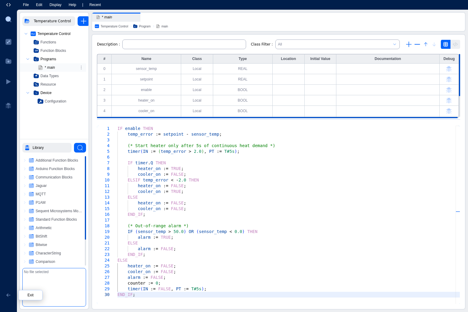 Complete temperature control program in the ST editor with syntax highlighting