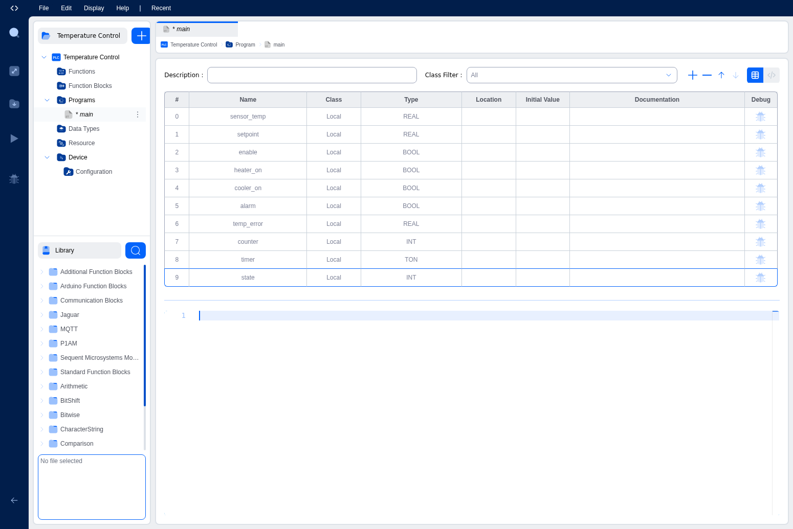 Variables table showing local variables defined for a temperature control program