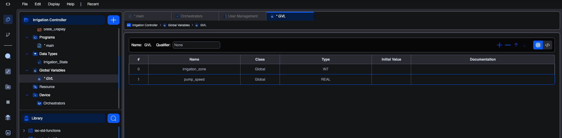 The Plant list open in the editor. The header row shows Name: Plant and a Qualifier field reading "None", with add, remove, move-up, move-down buttons and the table / declaration toggle on the right. Below, a table with columns #, Name, Class, Type, Initial Value and Documentation holding two DINT members