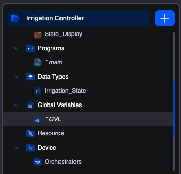 The project tree with the Global Variables branch expanded between Data Types and Resource, holding a list named Plant