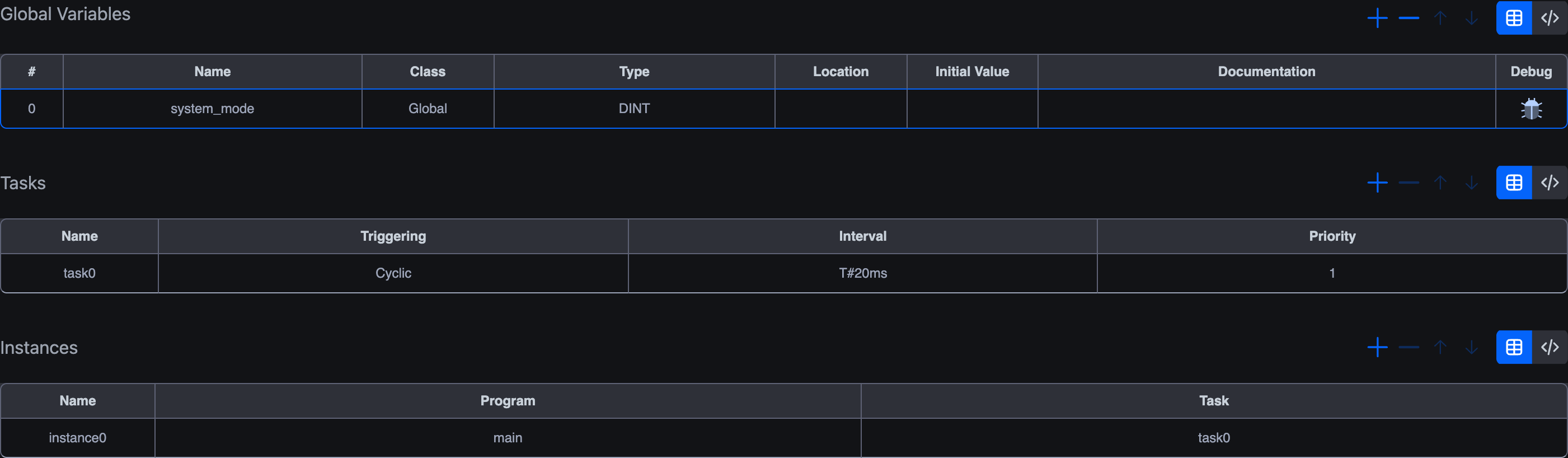 Resource editor showing three sections stacked vertically: Global Variables (with one global system_mode declared as DINT), Tasks (with task0 Cyclic T#20ms priority 1), and Instances (with instance0 binding the main program to task0)