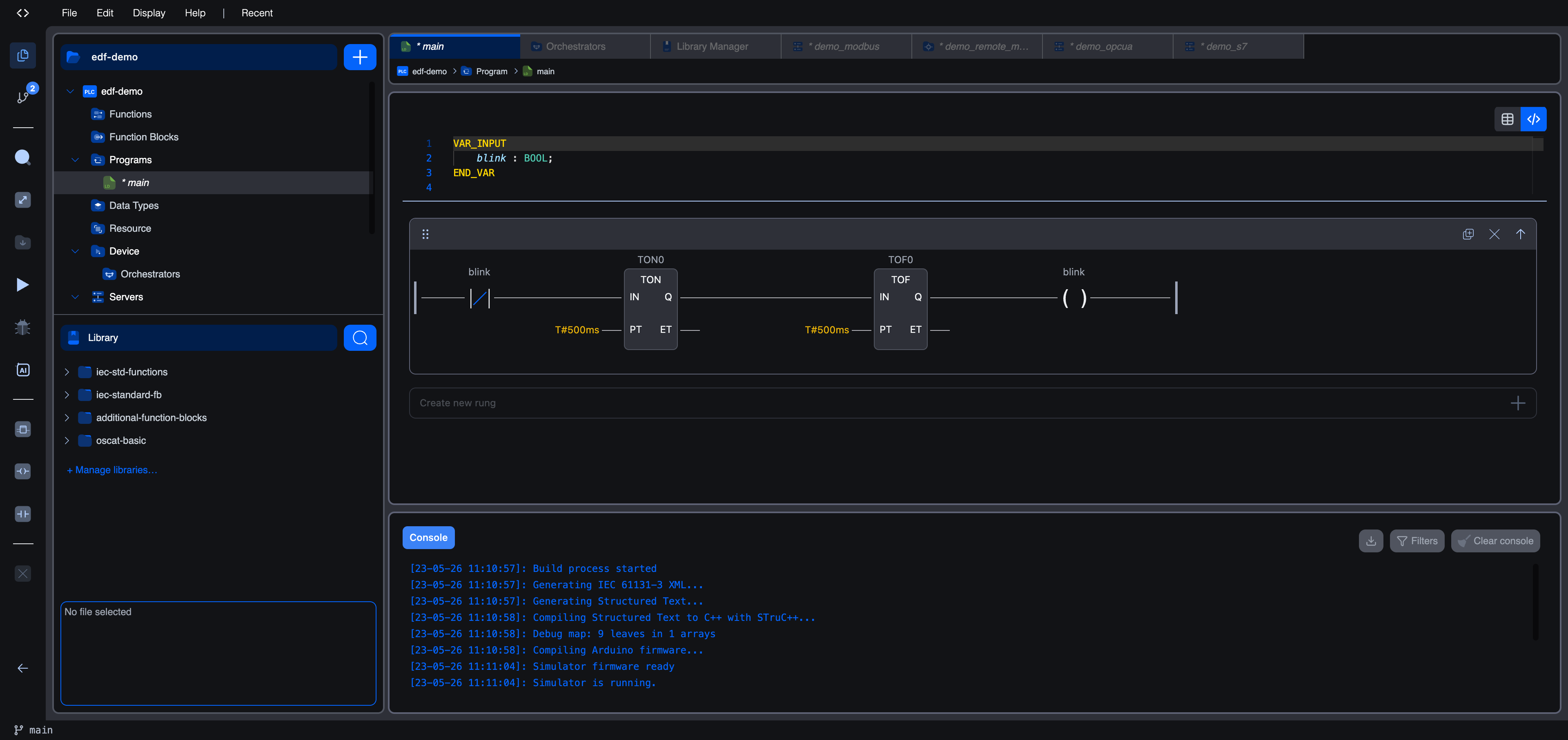 Variables editor in code mode, showing the IEC declaration text with the VAR_INPUT block and END_VAR for a sample variable
