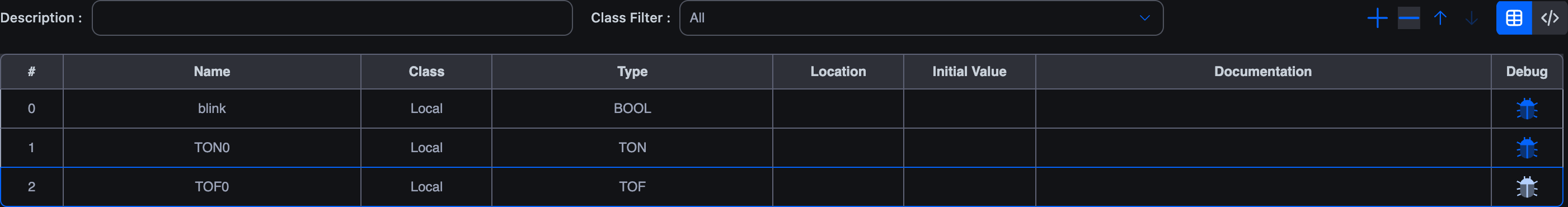 Variables table for the EDF Demo main program showing three Local variables: blink (BOOL), TON0 (TON instance), TOF0 (TOF instance)