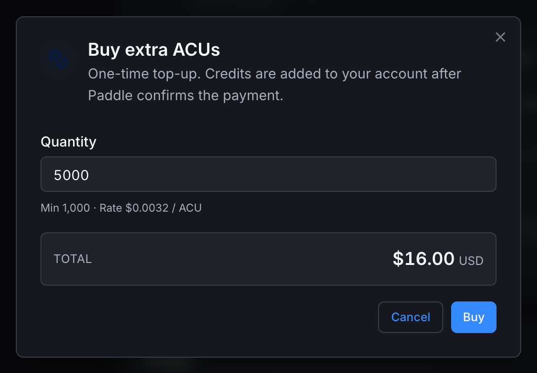 Buy extra ACUs dialog: quantity, rate, total