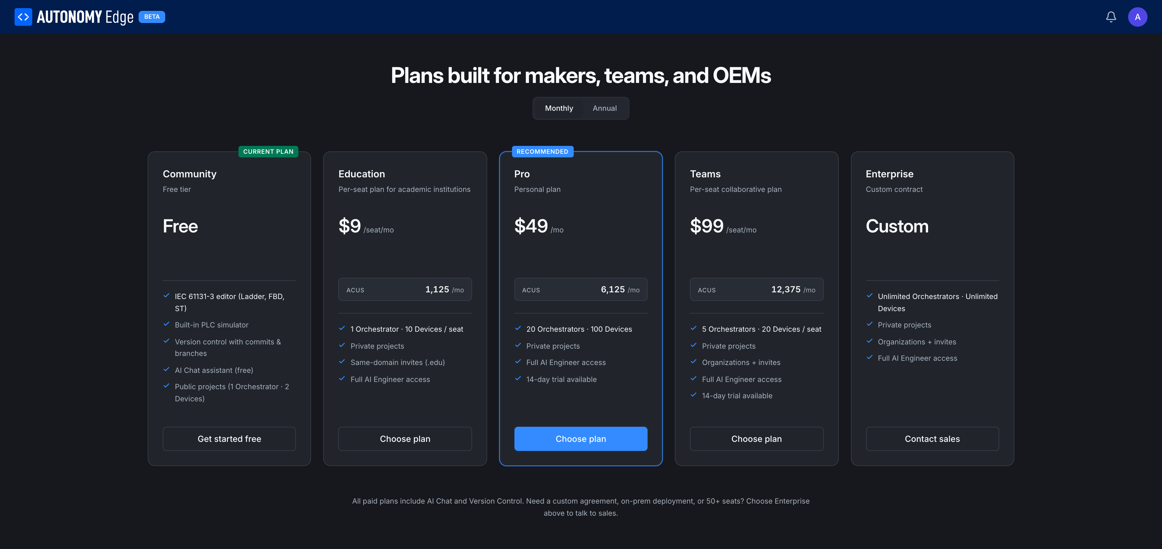 Pricing page, monthly billing toggle on
