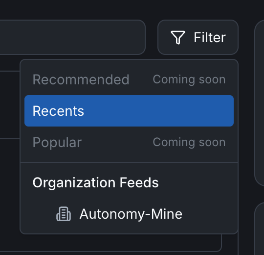 Filter dropdown showing Recommended, Recents, Popular, and Organization Feeds options