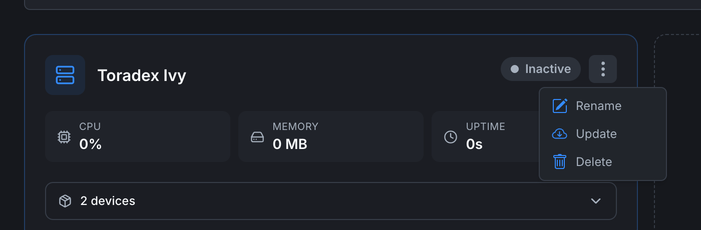 Device card with 3-dot menu open: Rename, Update, Delete