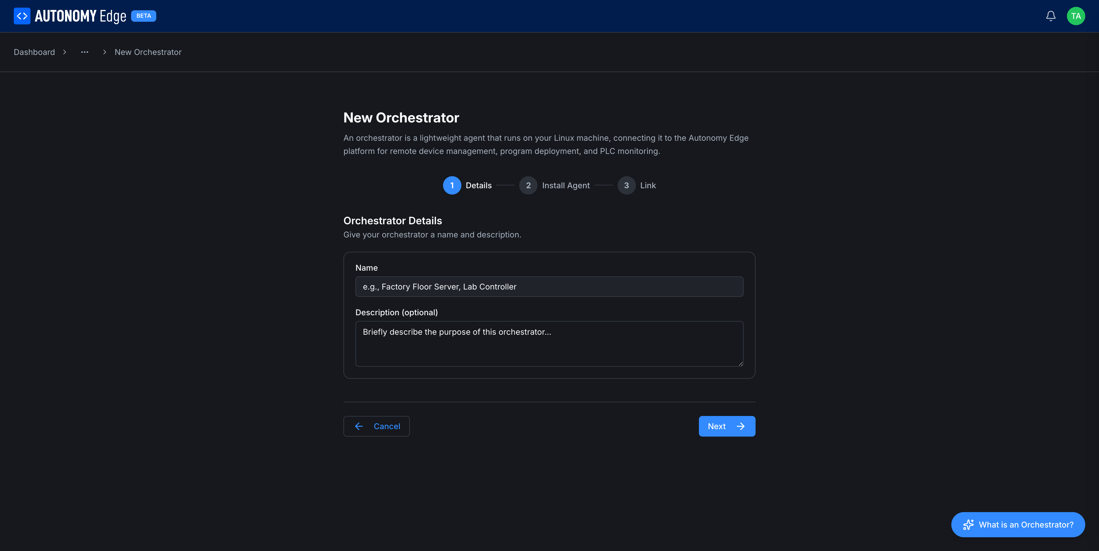 New Device wizard, Details step: Name and Description fields