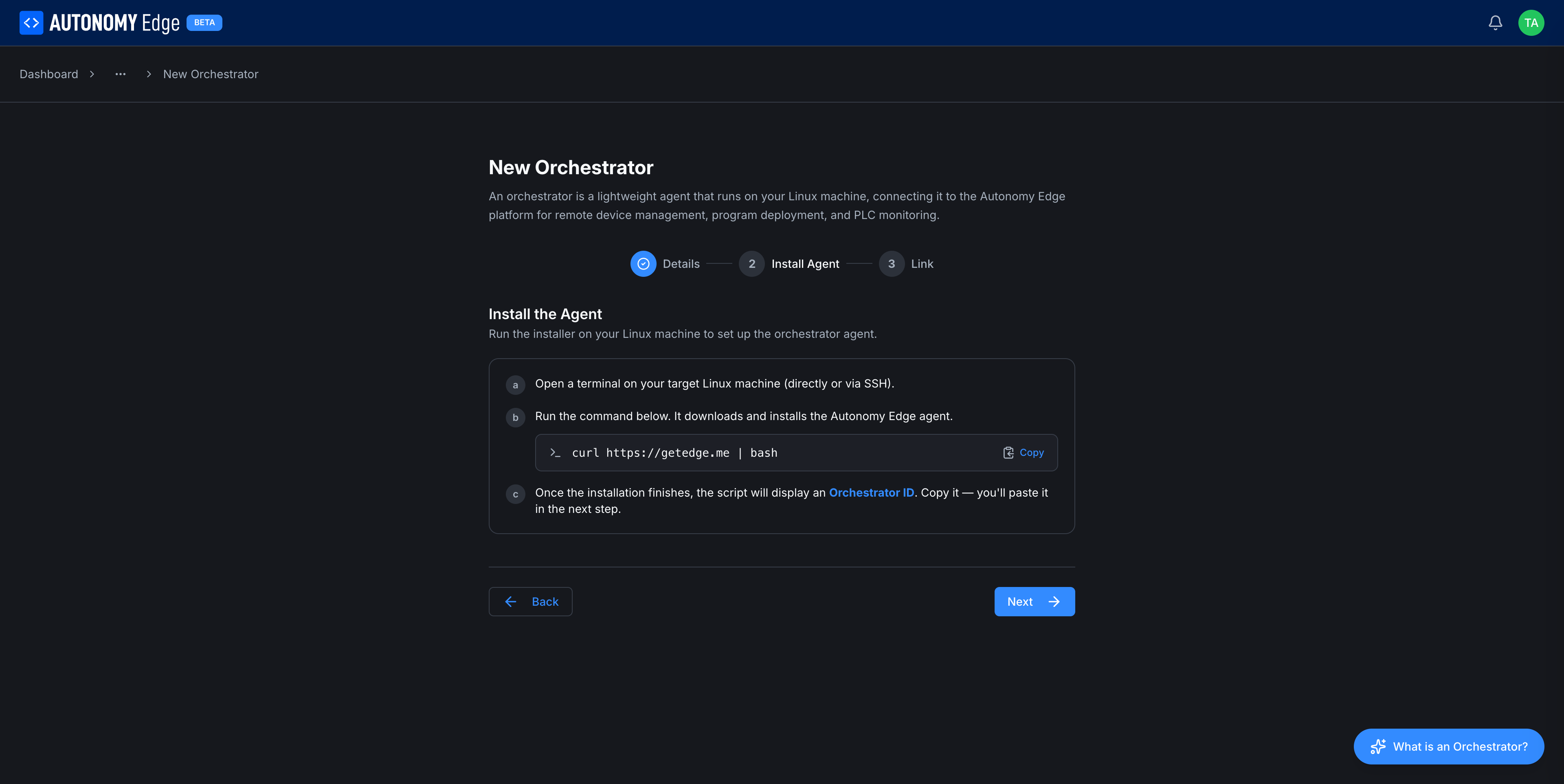 New Device wizard, Install Agent step: terminal instructions and curl command