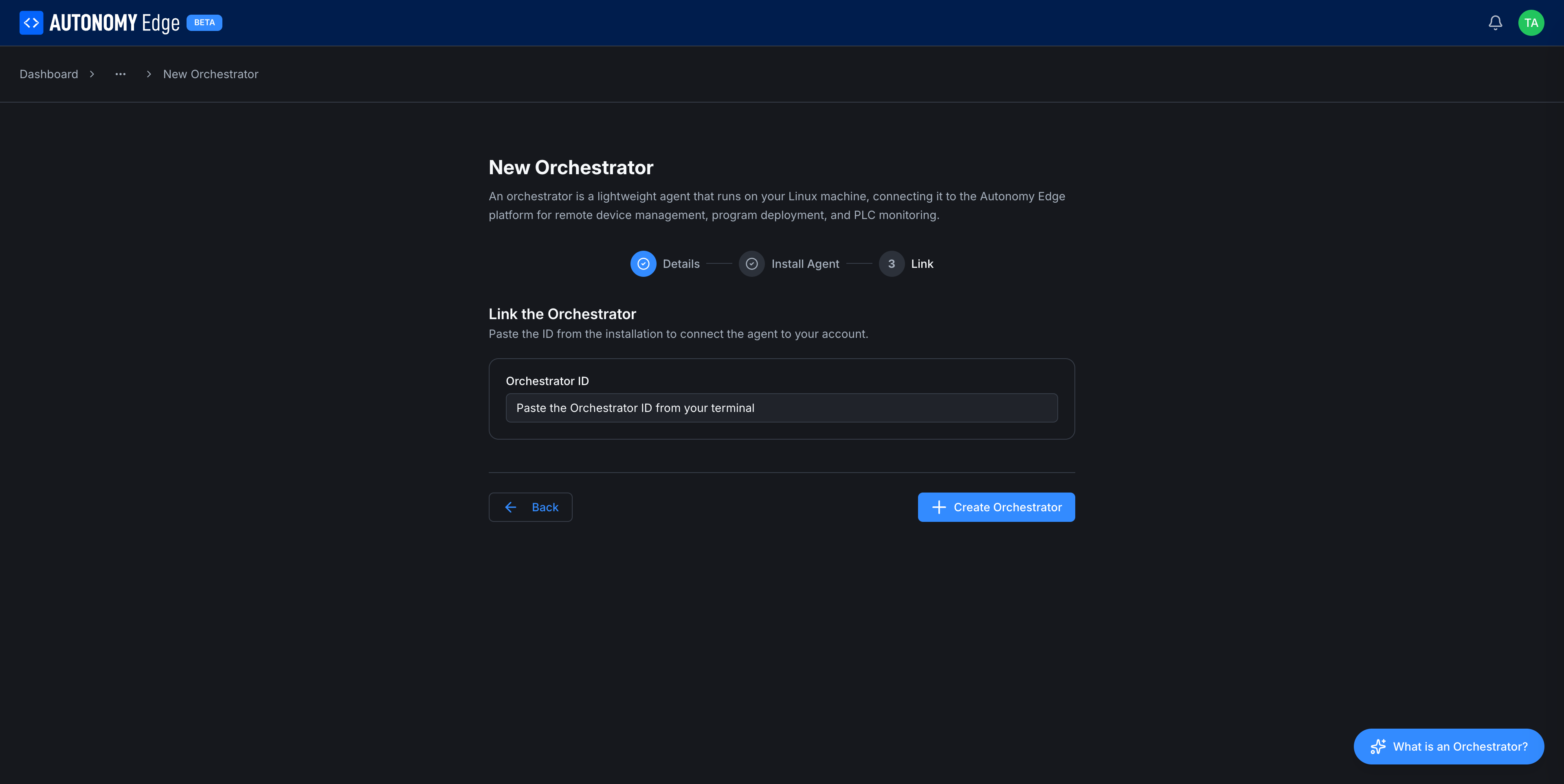 New Device wizard, Link step: paste the Device ID