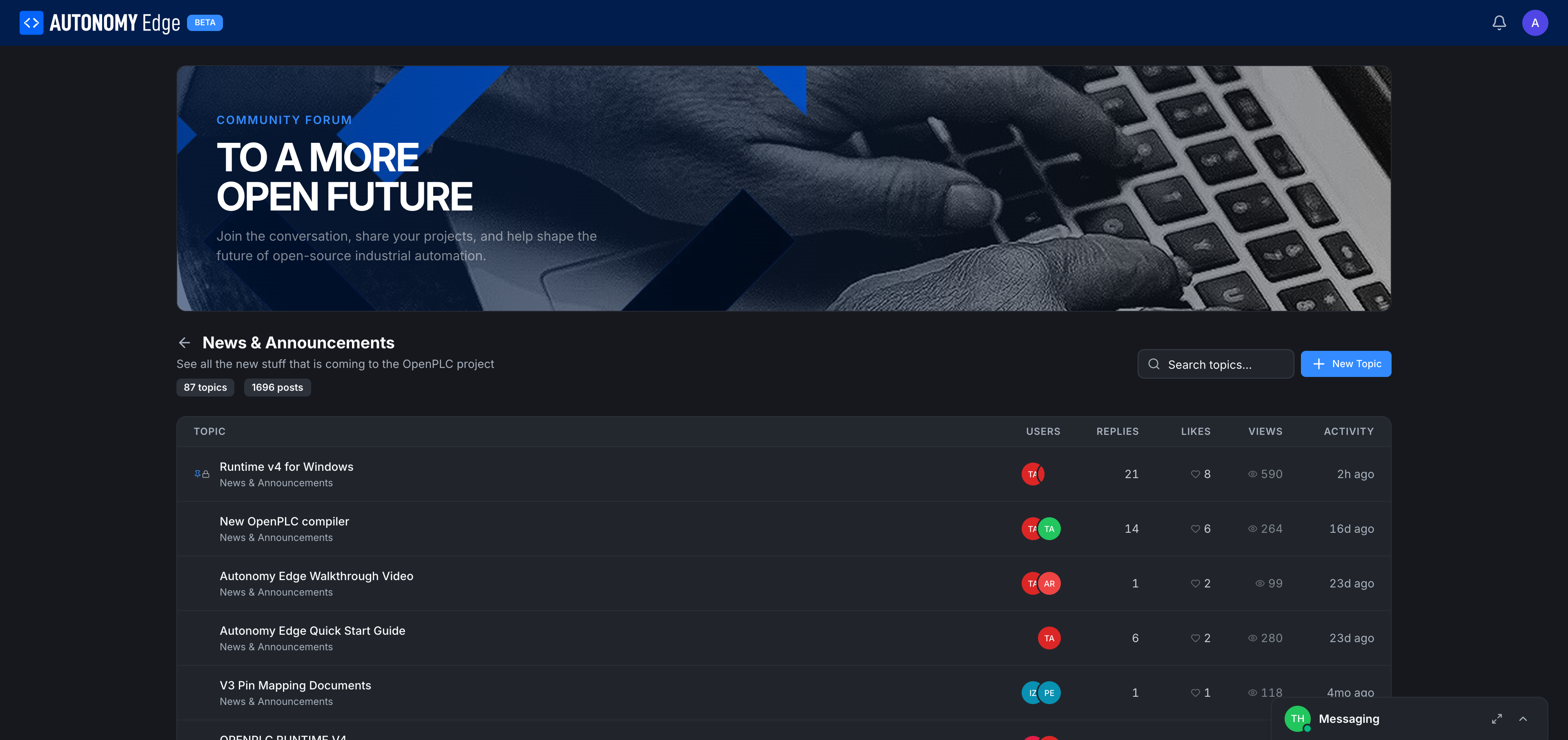 Forum board page, News & Announcements category with topic table