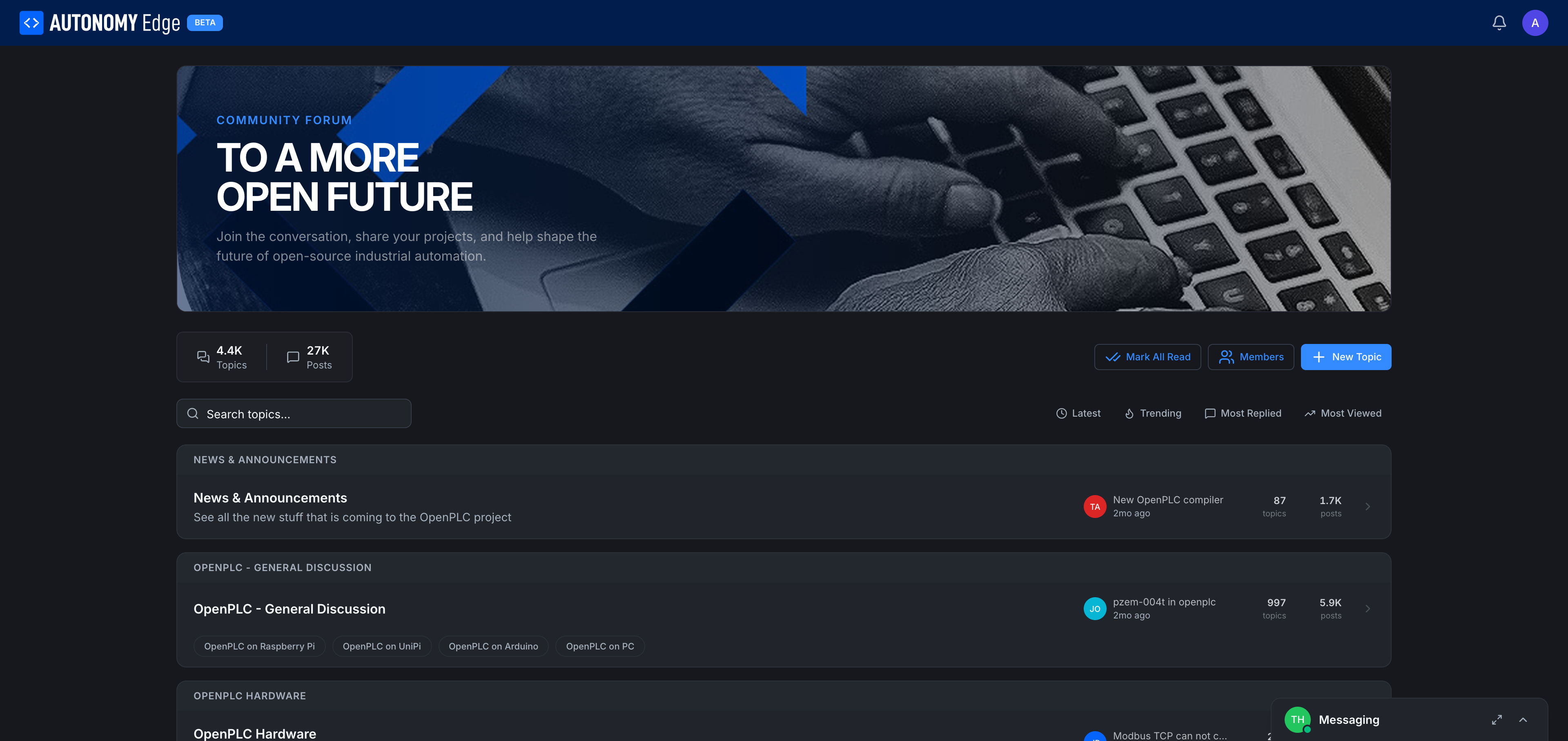 Forum home page, hero banner, stats, categories, and topic list
