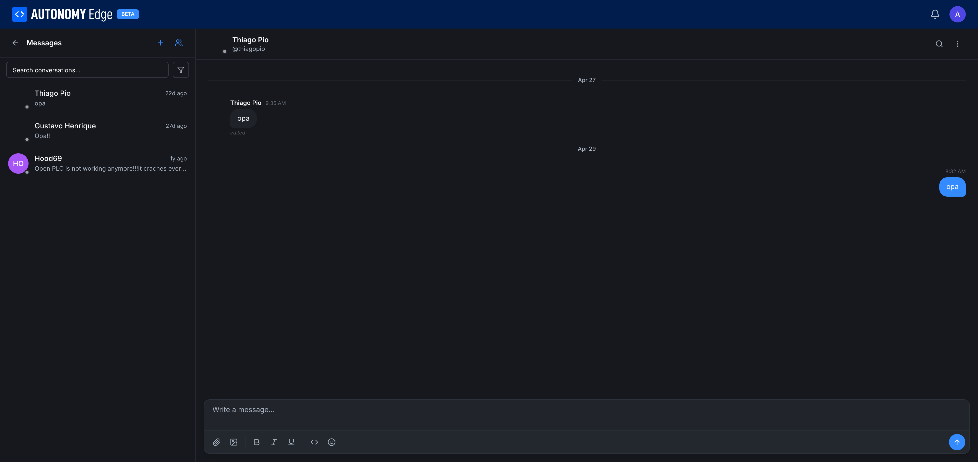 Messaging UI, conversation list on left, chat on right