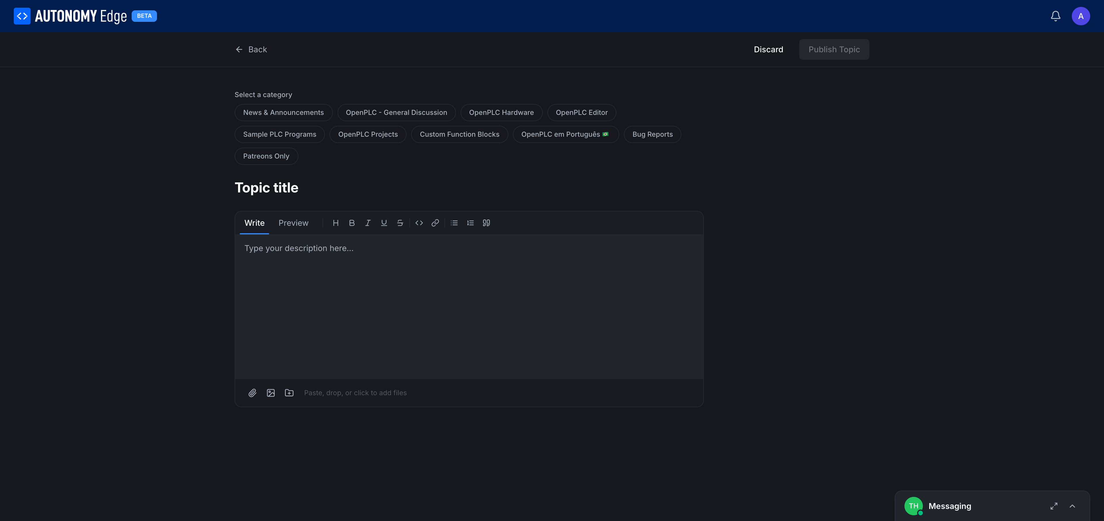 New Topic page, categories, title, rich-text editor, attachments