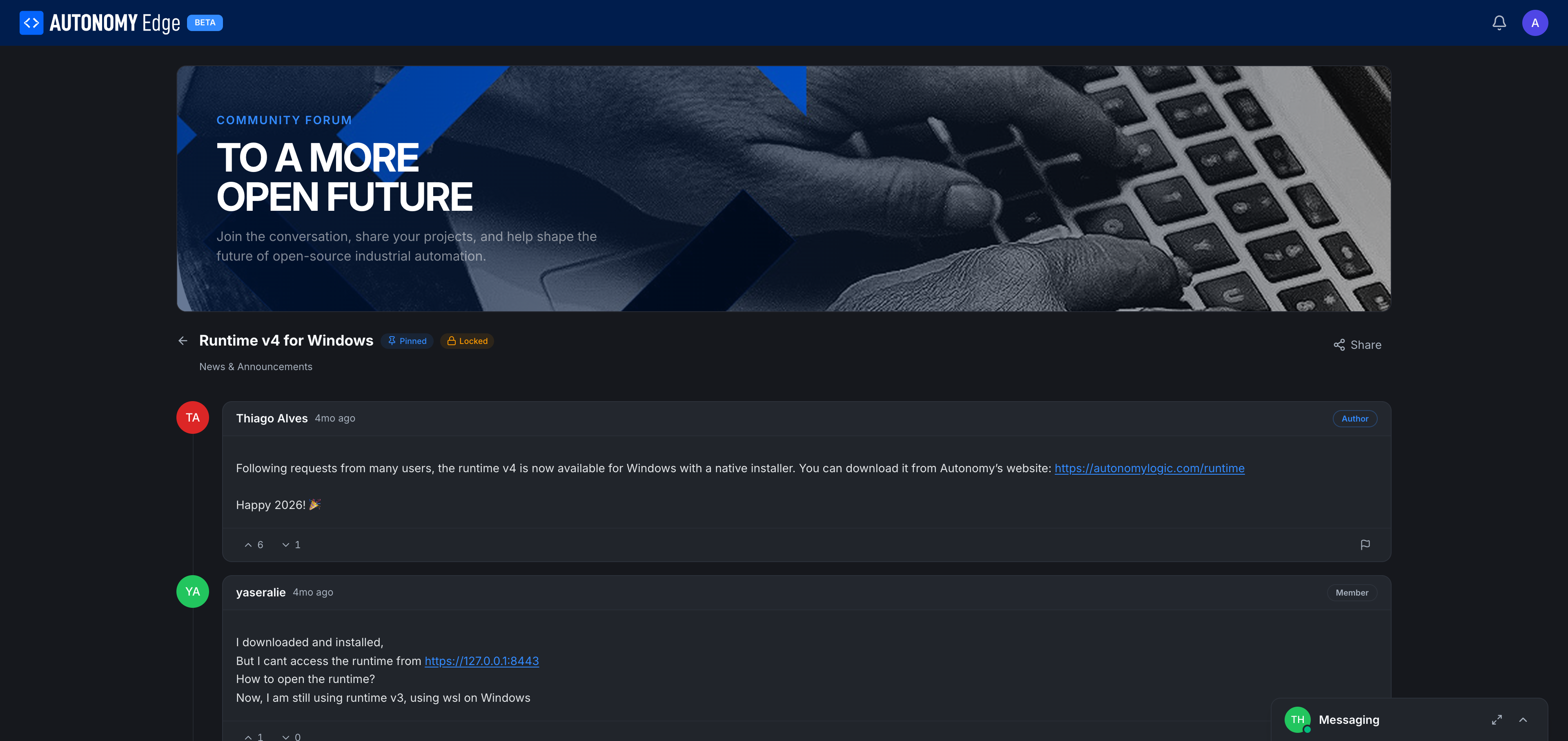 Thread page, pinned + locked, original post by author, one reply