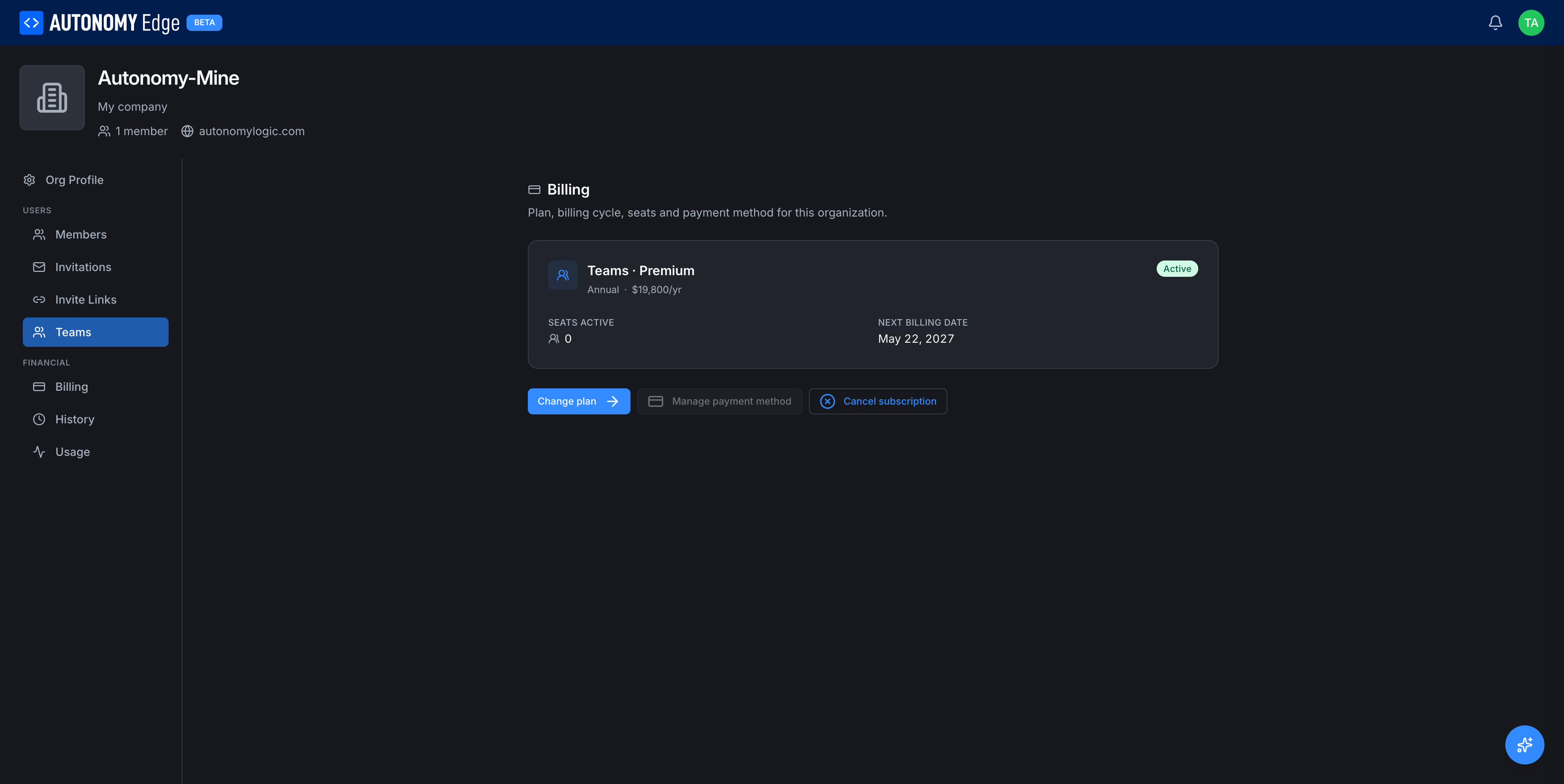 Org Billing tab with an active Teams Premium subscription
