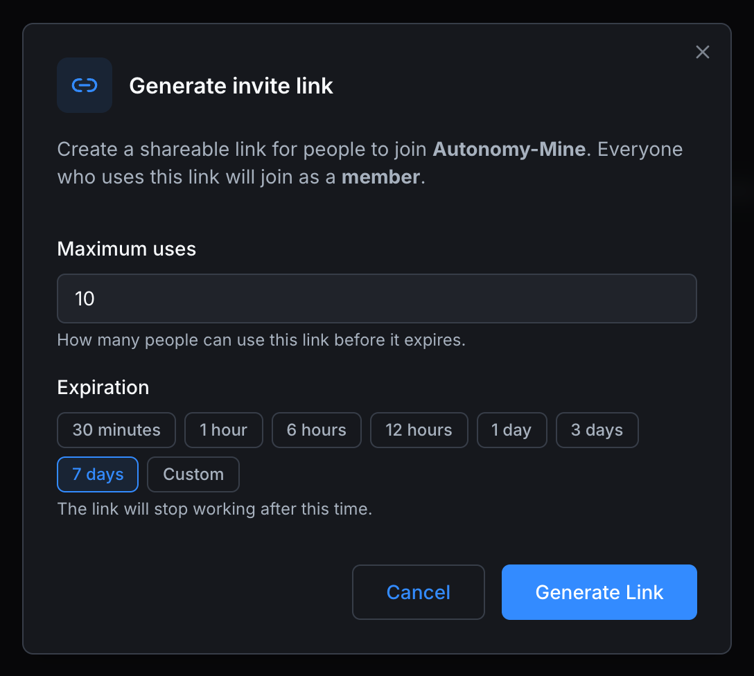 Generate invite link modal showing Maximum uses and Expiration options