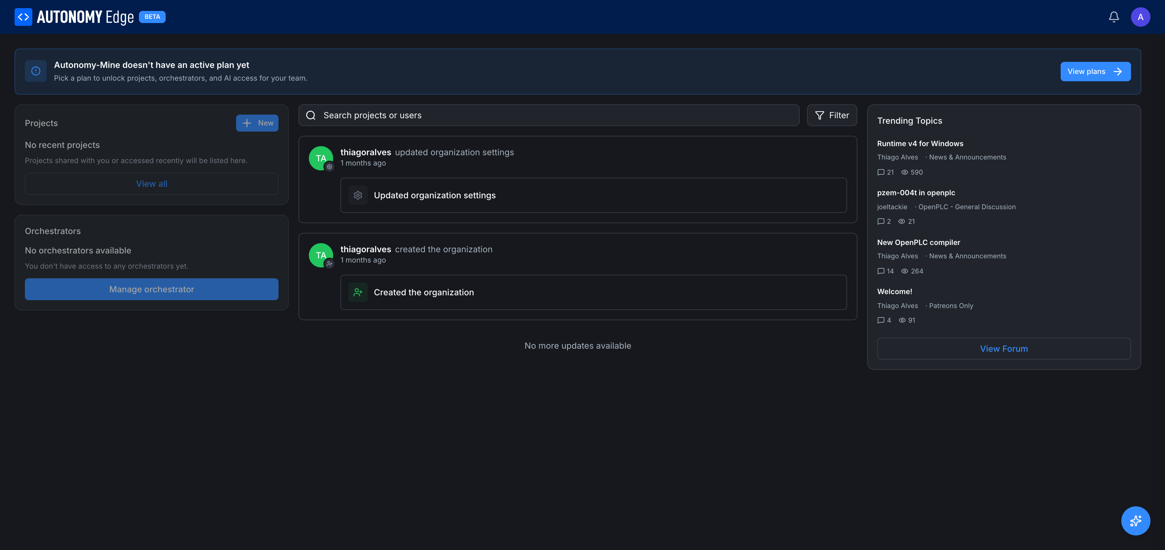 Org dashboard for Autonomy-Mine, banner, projects, orchestrators, feed, trending