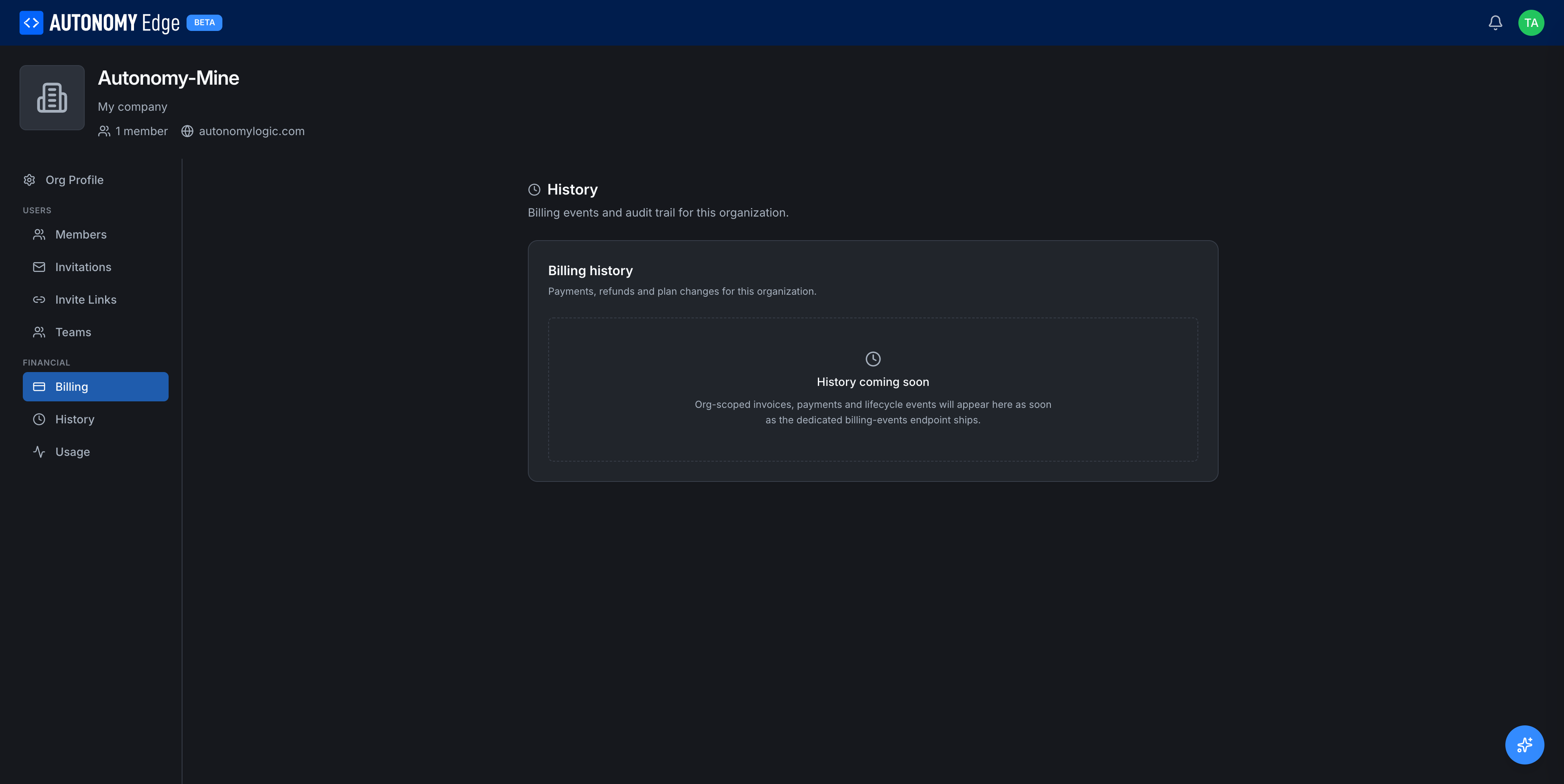 Org History tab, Billing history with "History coming soon" message