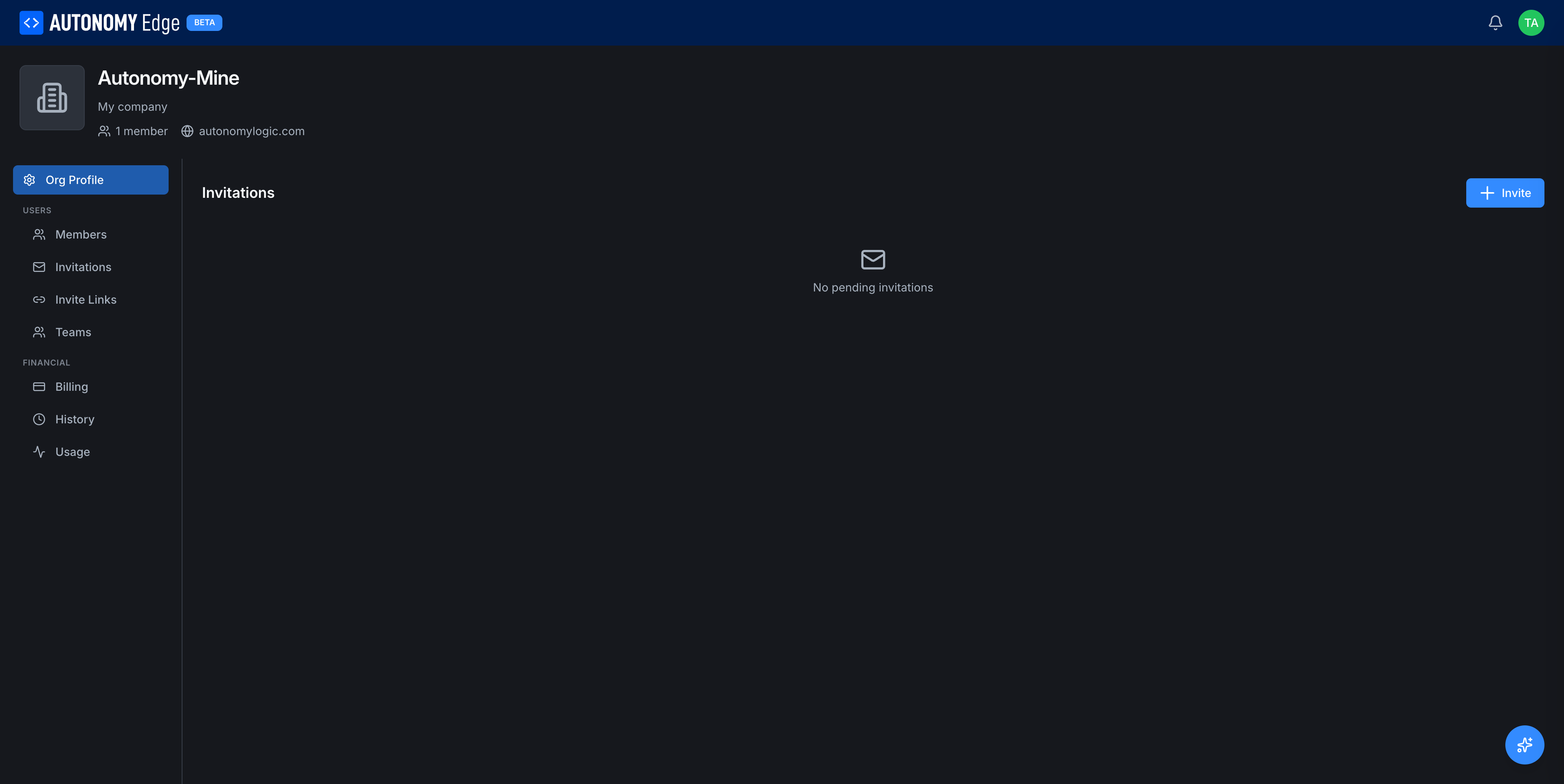 Invitations tab, empty state with the Invite button