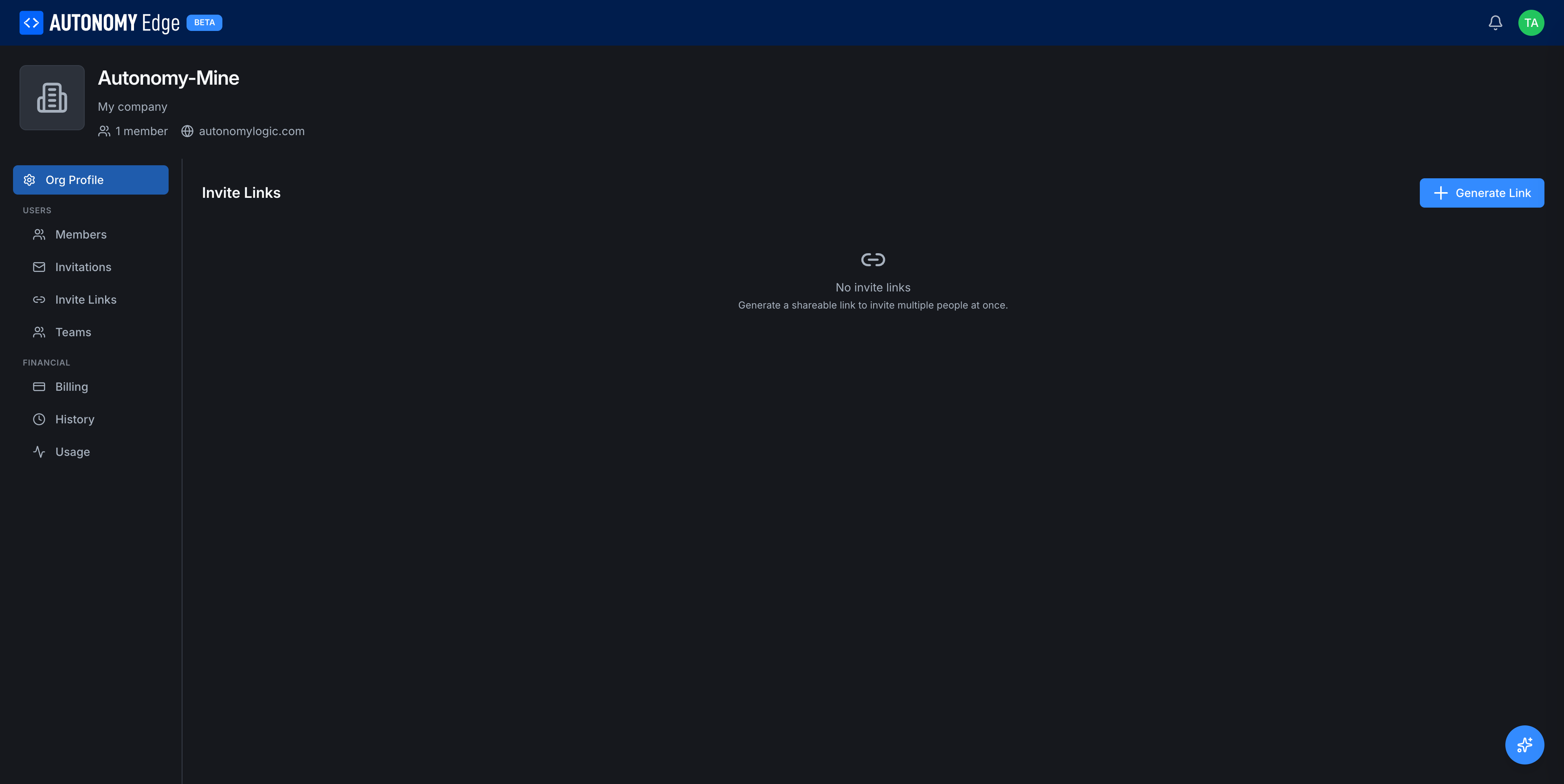 Invite Links tab, empty state with Generate Link button