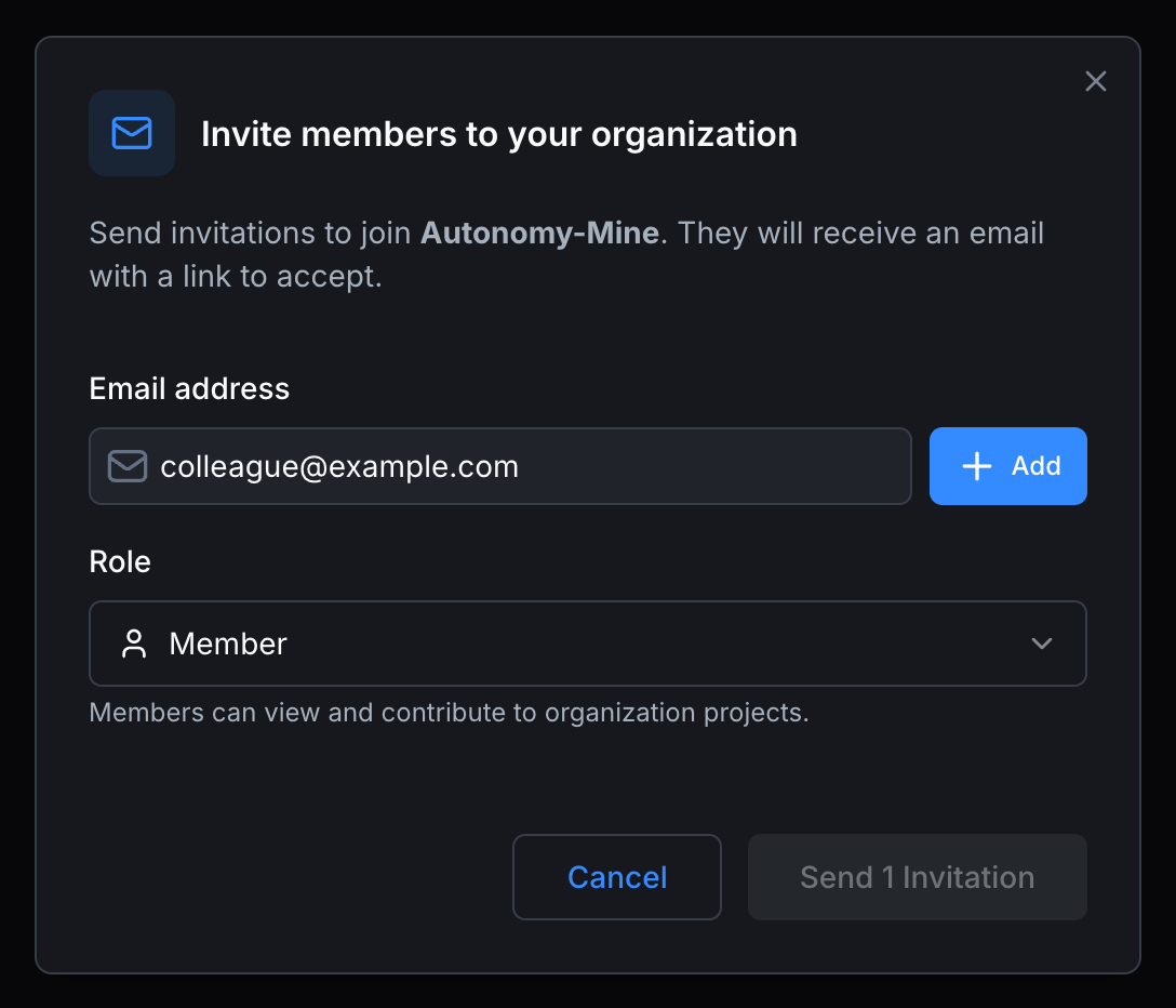 Invite members modal with email and role fields