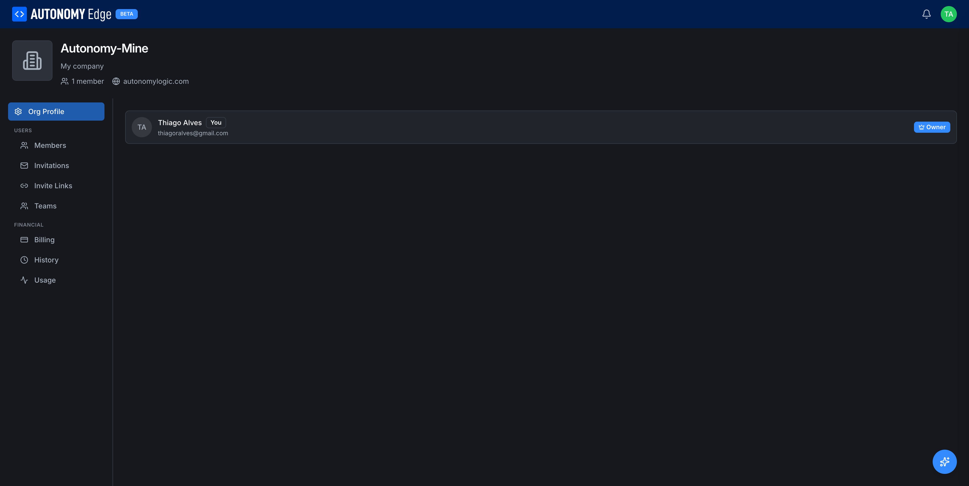 Members tab showing the org's single owner